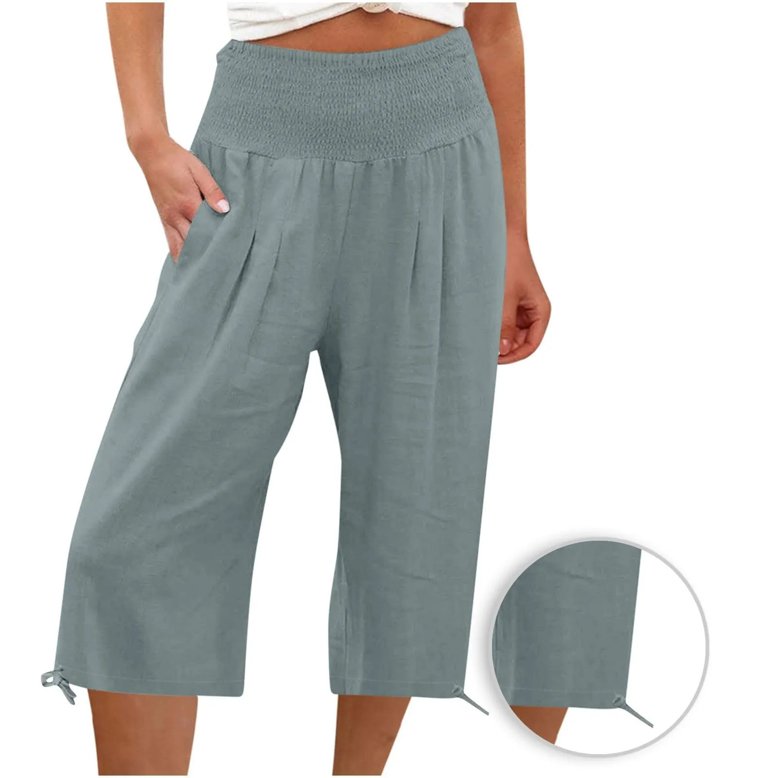 Pantaloni Capri Donna Estivi Curvy Bermuda Cotone E Lino Leggeri Da Donna Pinocchietti Capri Sportivi Casual Pantaloni Cropped Di Lino Spiaggia Pantalone Al Ginocchio Da Corsa Pants Eleganti Baggy - immagine 3
