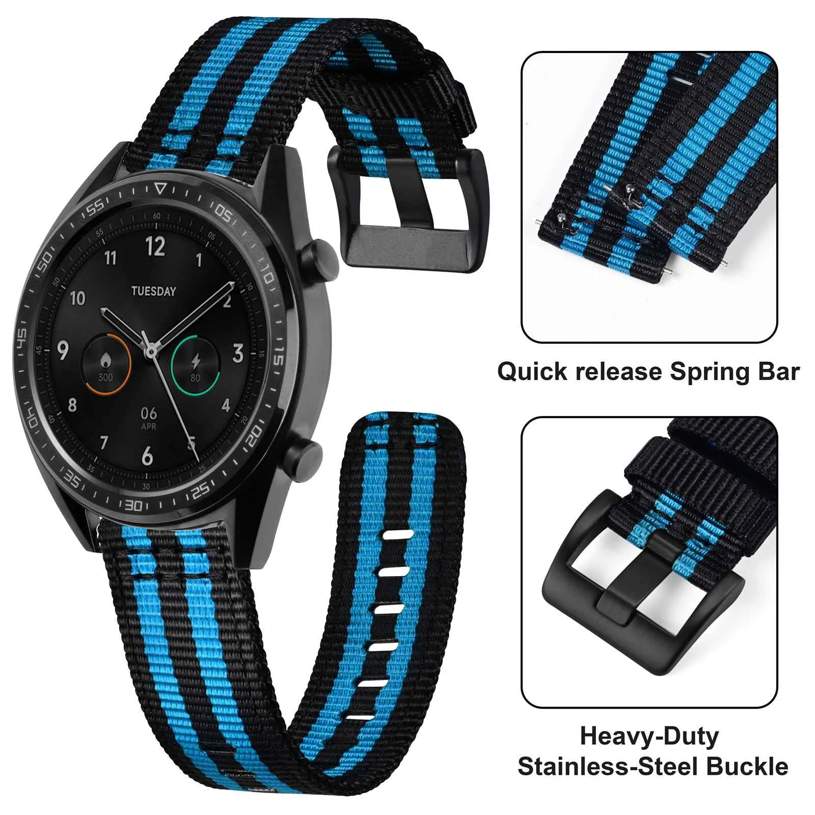 ANNEFIT Cinturino Orologio Nylon 22mm con Fibbia Nera, Cinturini per Orologi Militari a Sgancio Rapido per Uomo Donna (Nero/Blu) - immagine 3