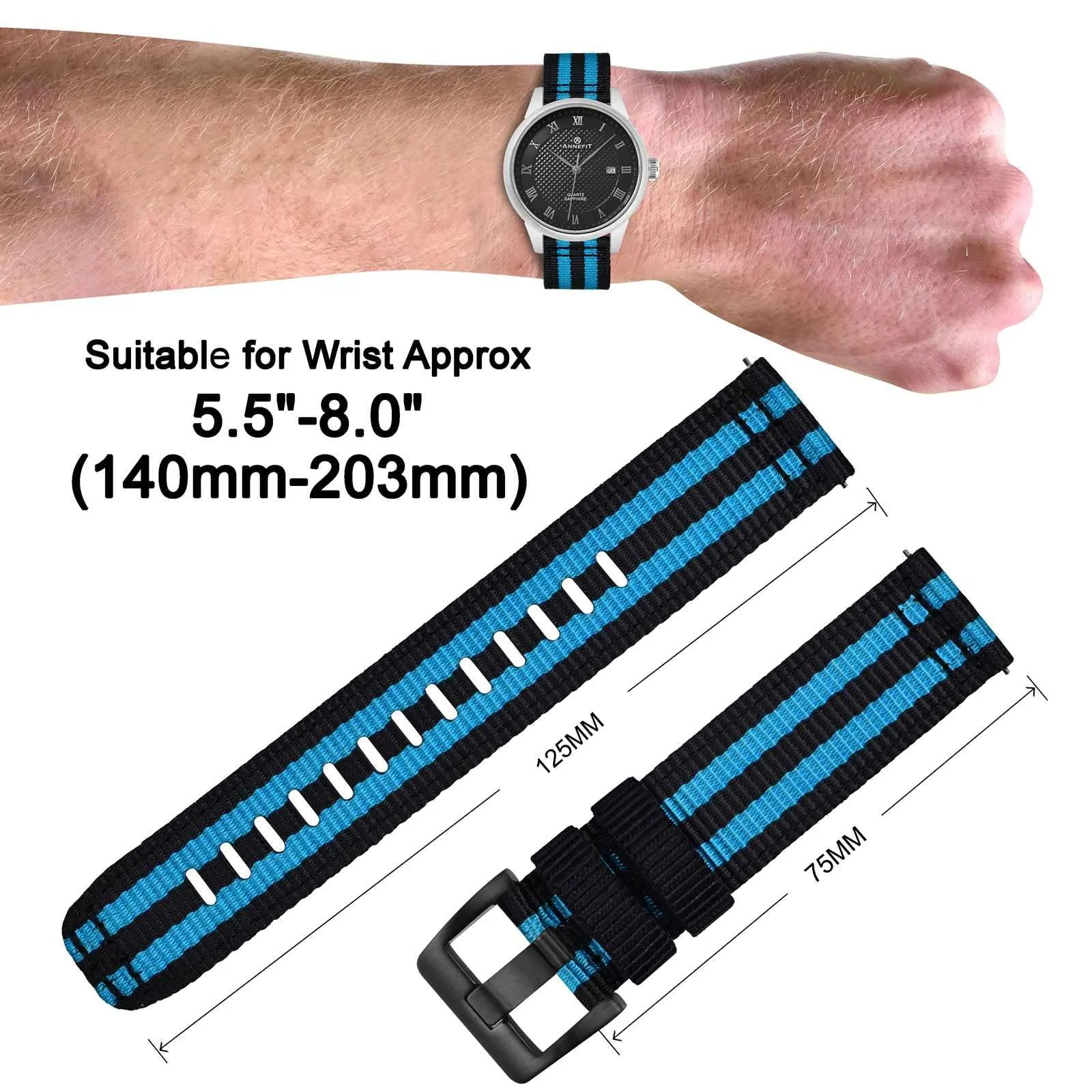 ANNEFIT Cinturino Orologio Nylon 22mm con Fibbia Nera, Cinturini per Orologi Militari a Sgancio Rapido per Uomo Donna (Nero/Blu) - immagine 4