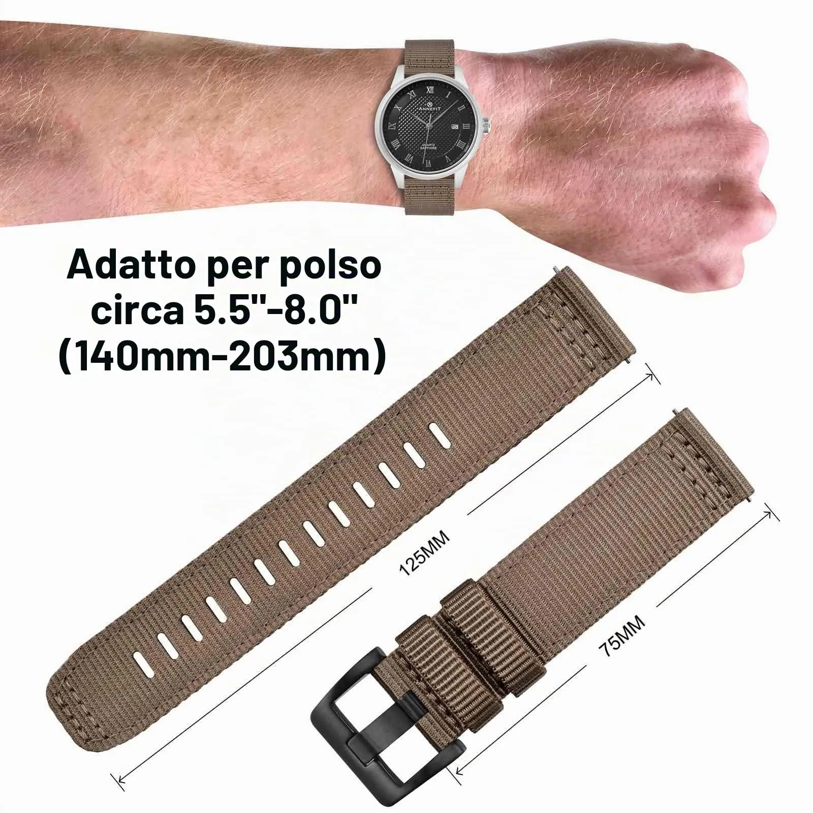 ANNEFIT Cinturino Orologio Nylon 18mm con Fibbia Nera, Cinturini per Orologi Militari a Sgancio Rapido per Uomo Donna (Marrone) - immagine 4