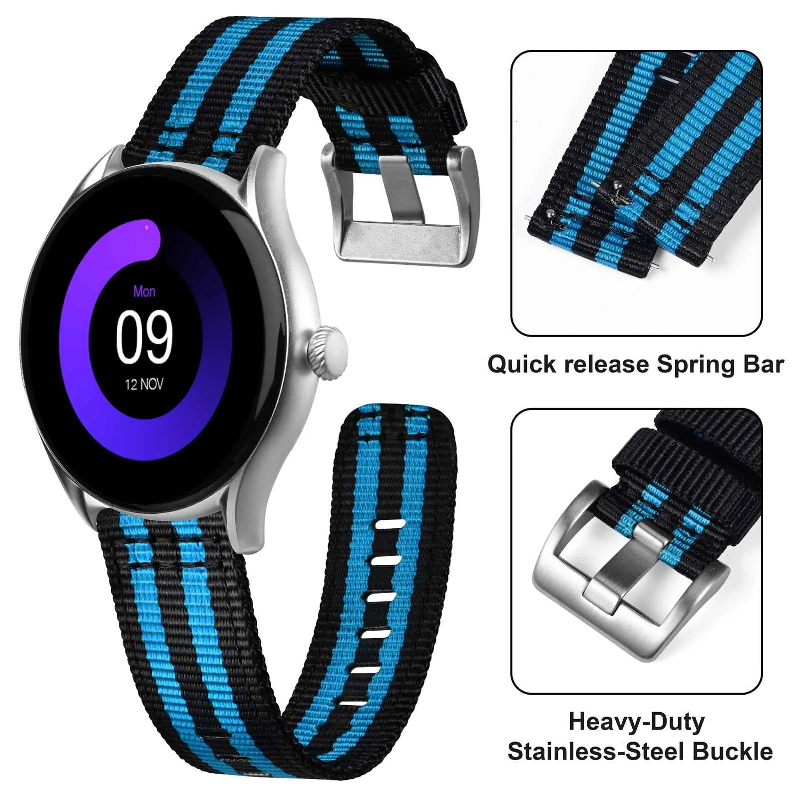 ANNEFIT Cinturino Orologio Nylon 22mm, Cinturini per Orologi Militari a Sgancio Rapido per Uomo Donna (Nero/Blu) - immagine 3