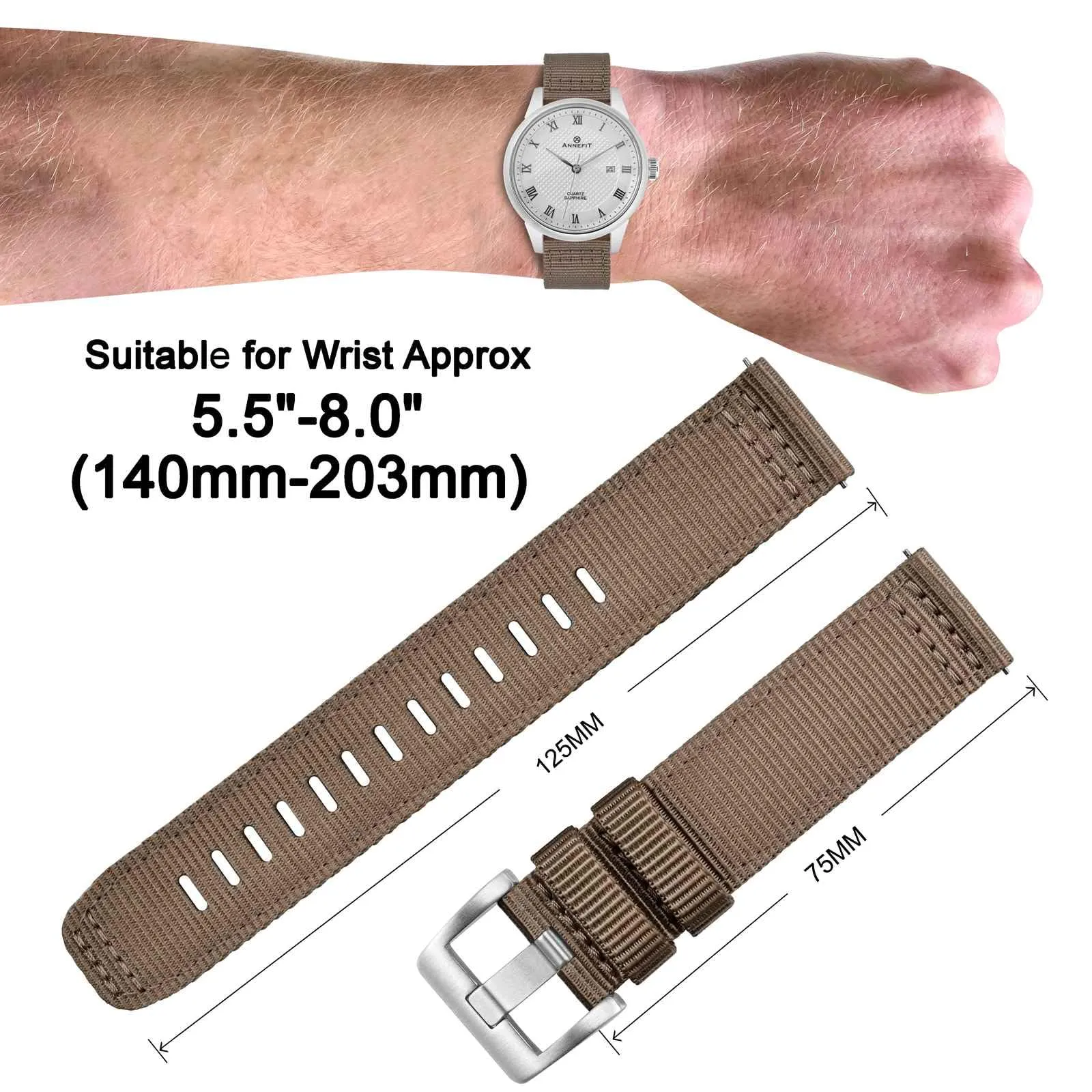ANNEFIT Cinturino Orologio Nylon 22mm, Cinturini per Orologi Militari a Sgancio Rapido per Uomo Donna (Marrone) - immagine 4