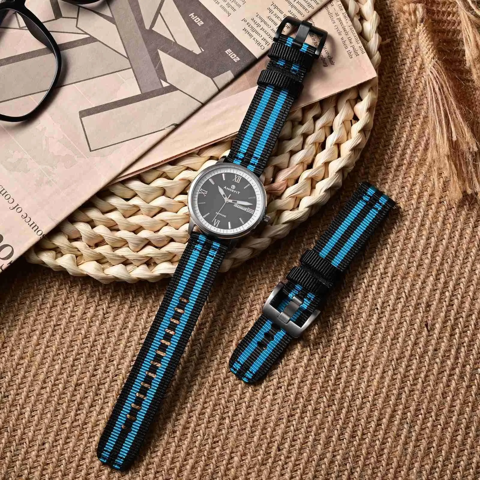 ANNEFIT Cinturino Orologio Nylon 20mm con Fibbia Nera, Cinturini per Orologi Militari a Sgancio Rapido per Uomo Donna (Nero/Blu) - immagine 2