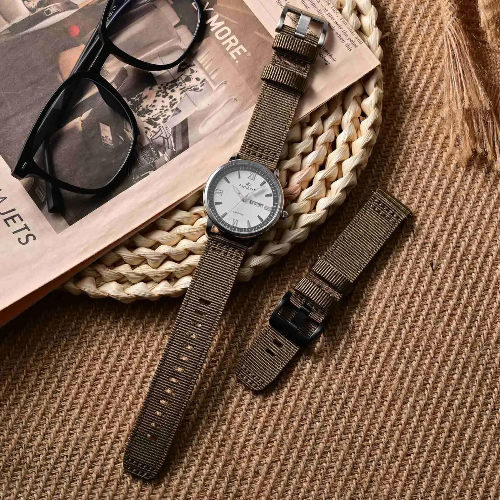 ANNEFIT Cinturino Orologio Nylon 20mm, Cinturini per Orologi Militari a Sgancio Rapido per Uomo Donna (Marrone) - immagine 2