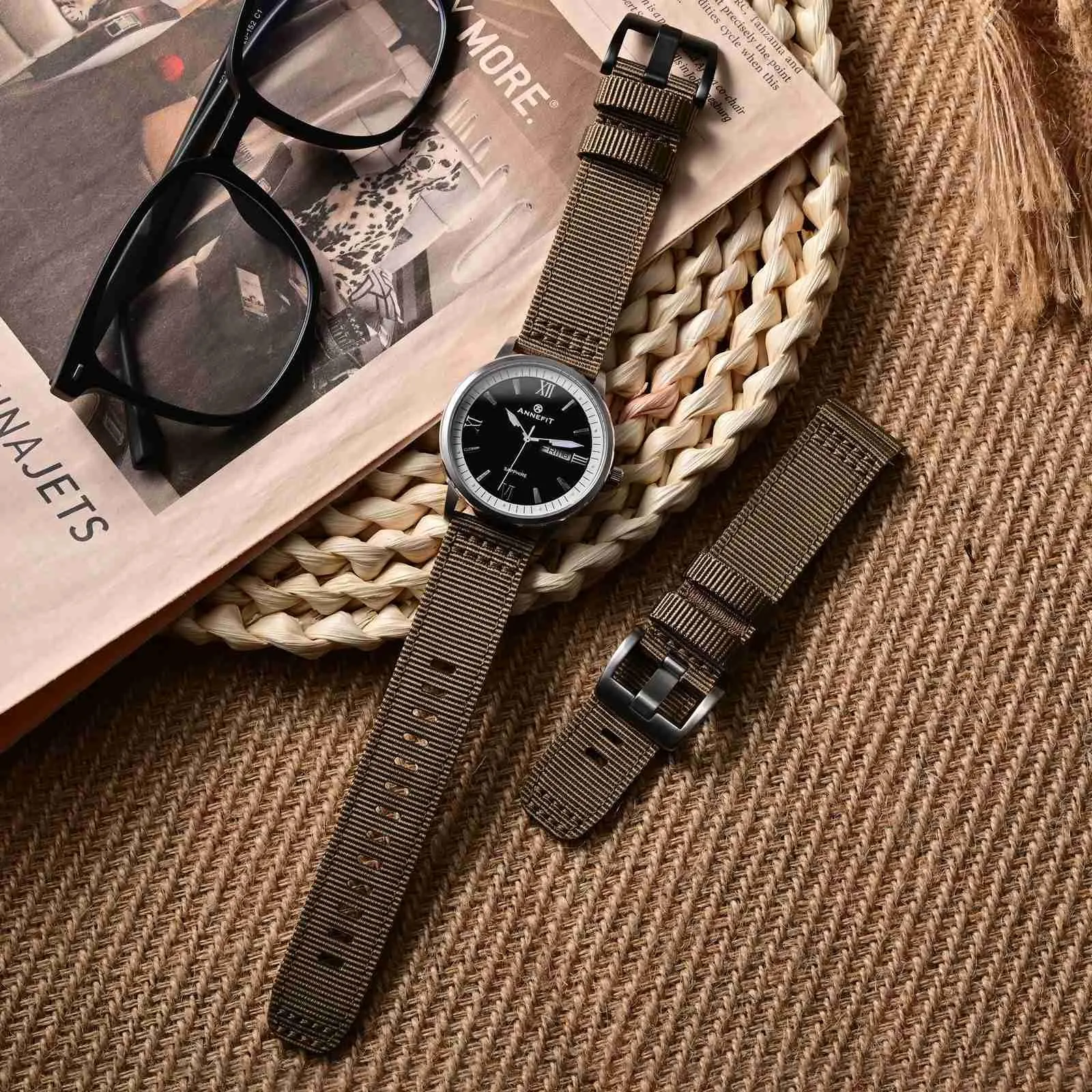 ANNEFIT Cinturino Orologio Nylon 22mm con Fibbia Nera, Cinturini per Orologi Militari a Sgancio Rapido per Uomo Donna (Marrone) - immagine 2
