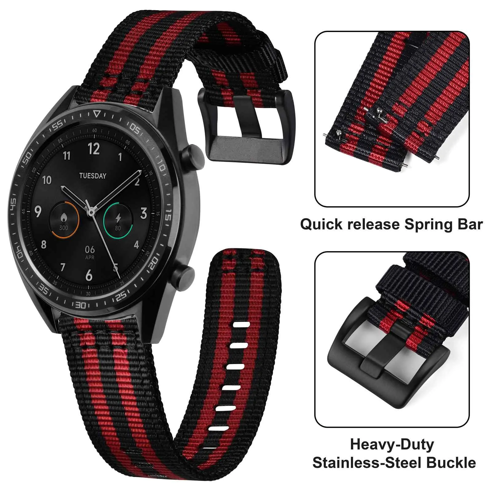 ANNEFIT Cinturino Orologio Nylon 20mm con Fibbia Nera, Cinturini per Orologi Militari a Sgancio Rapido per Uomo Donna (Nero/Rosso) - immagine 3