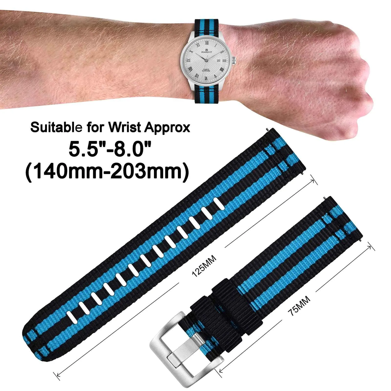 ANNEFIT Cinturino Orologio Nylon 18mm, Cinturini per Orologi Militari a Sgancio Rapido per Uomo Donna (Nero/Blu) - immagine 4