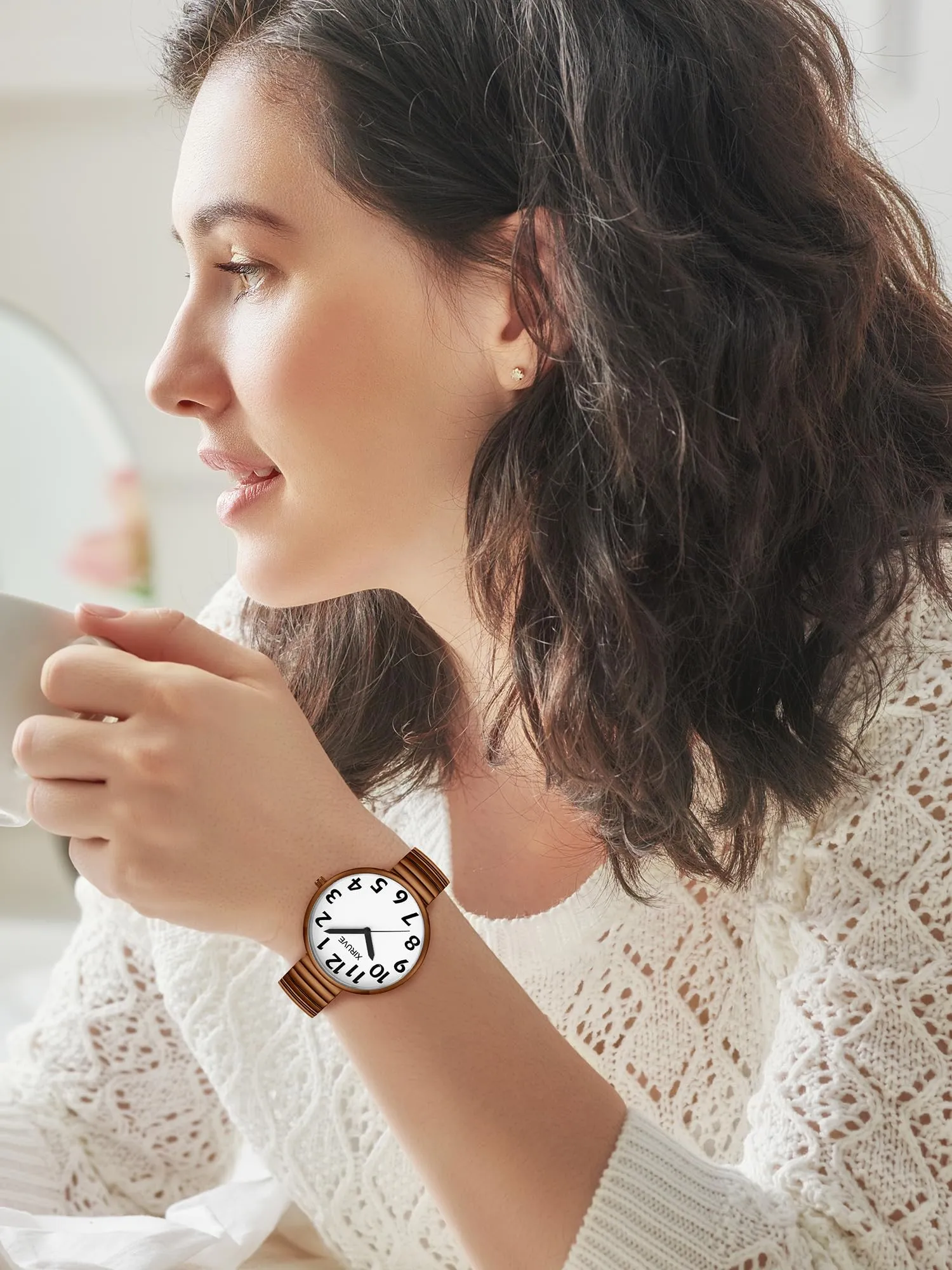 XIRUVE Donna Uomo Facile Lettura Numeri Grandi Quadrante Grande Cinturino Elastico Orologio da Polso Quarzo in Acciaio Inossidabile - immagine 5