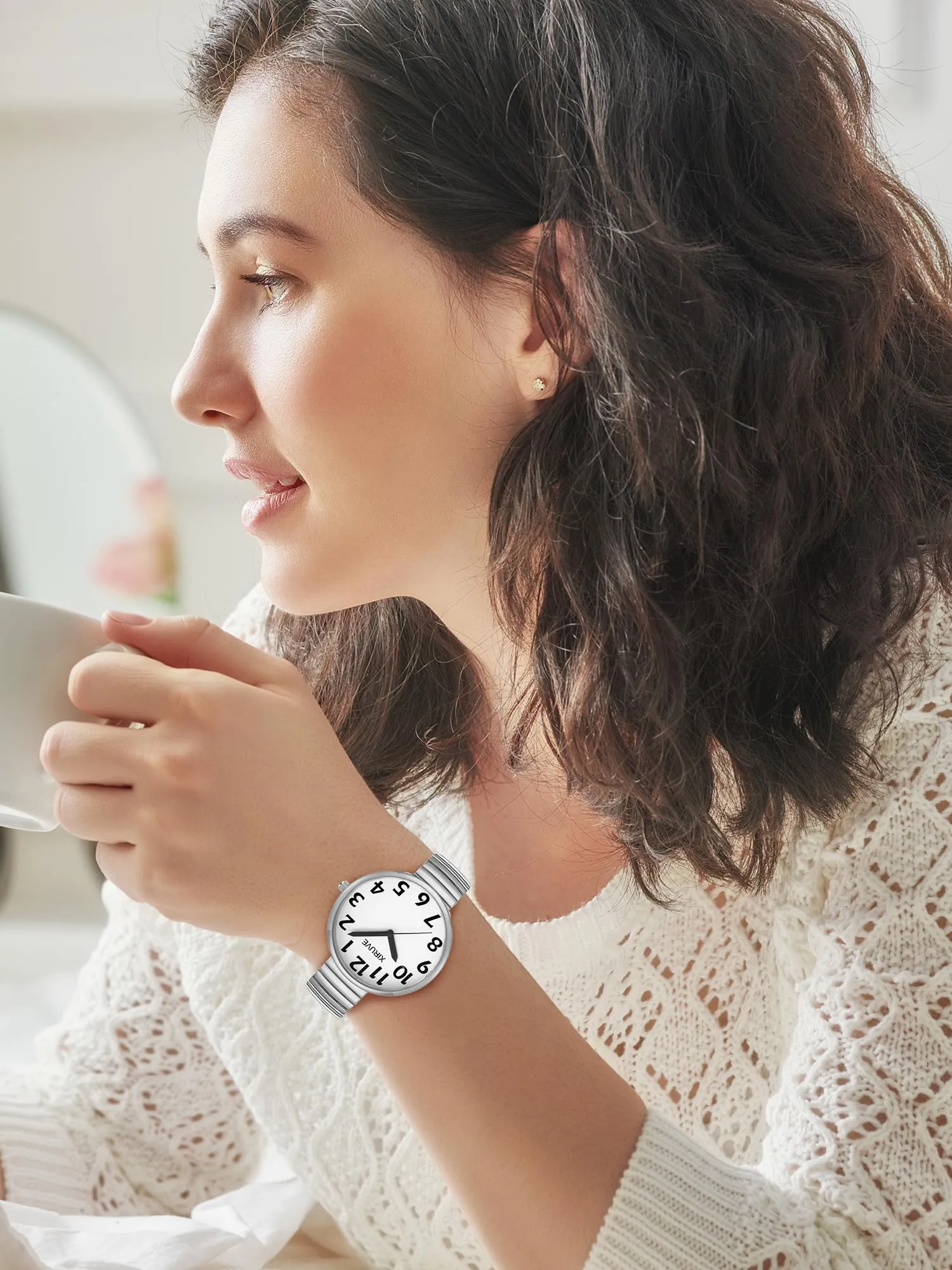 XIRUVE Donna Uomo Facile Lettura Numeri Grandi Quadrante Grande Cinturino Elastico Orologio da Polso Quarzo in Acciaio Inossidabile - immagine 5