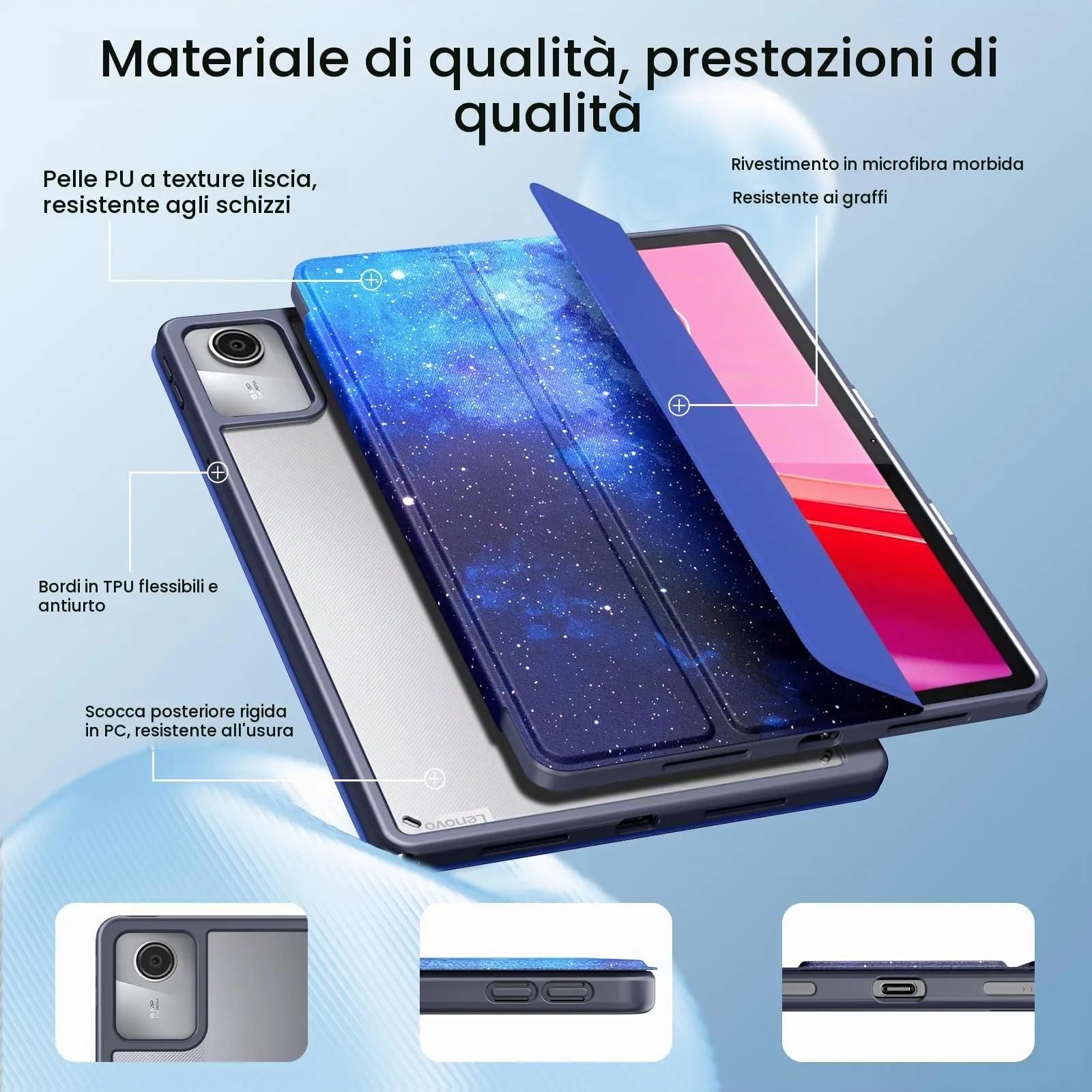 MoKo Cover per Lenovo Tab M11 2024 (TB330FU/TB330XU) 11" con Porta Penna,Custodia Ultrasottile Trifold Stand Case Auto Sveglia/Sonno,Cover Protettiva con Retro Trasparente per Lenovo, CieloStellatoBlu - immagine 4