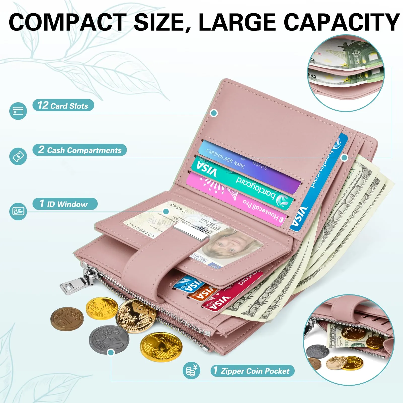 Faneam Portafoglio Donna Piccolo in Pelle Blocco RFID Portafoglio Portamonete con Cerniera e Doppio Scomparto per Contanti, 12 Scomparti per Carte (Rosa) - immagine 3