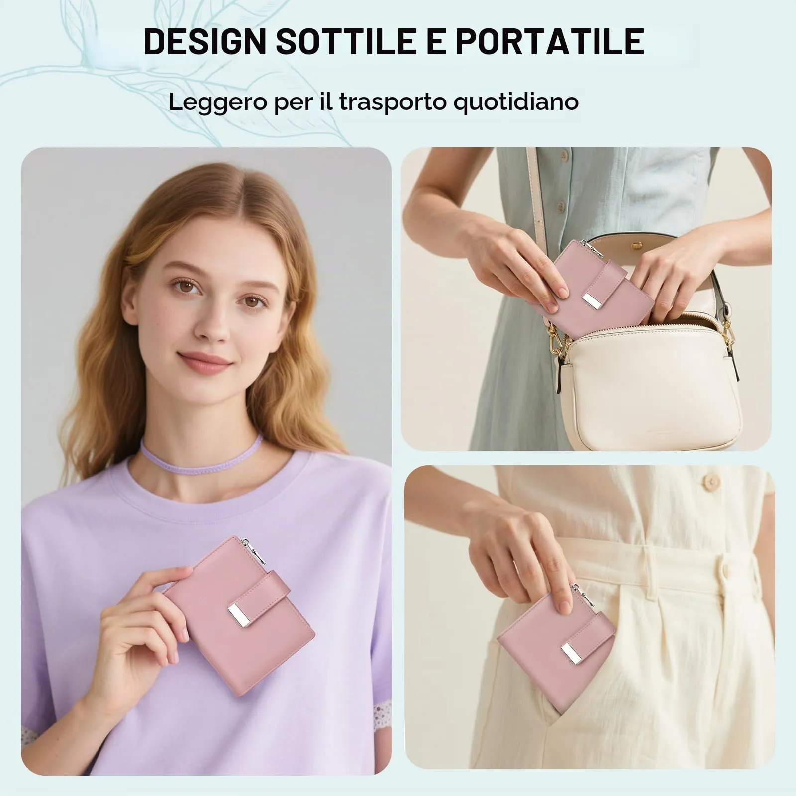 Faneam Portafoglio Donna Piccolo in Pelle Blocco RFID Portafoglio Portamonete con Cerniera e Doppio Scomparto per Contanti, 12 Scomparti per Carte (Rosa) - immagine 4