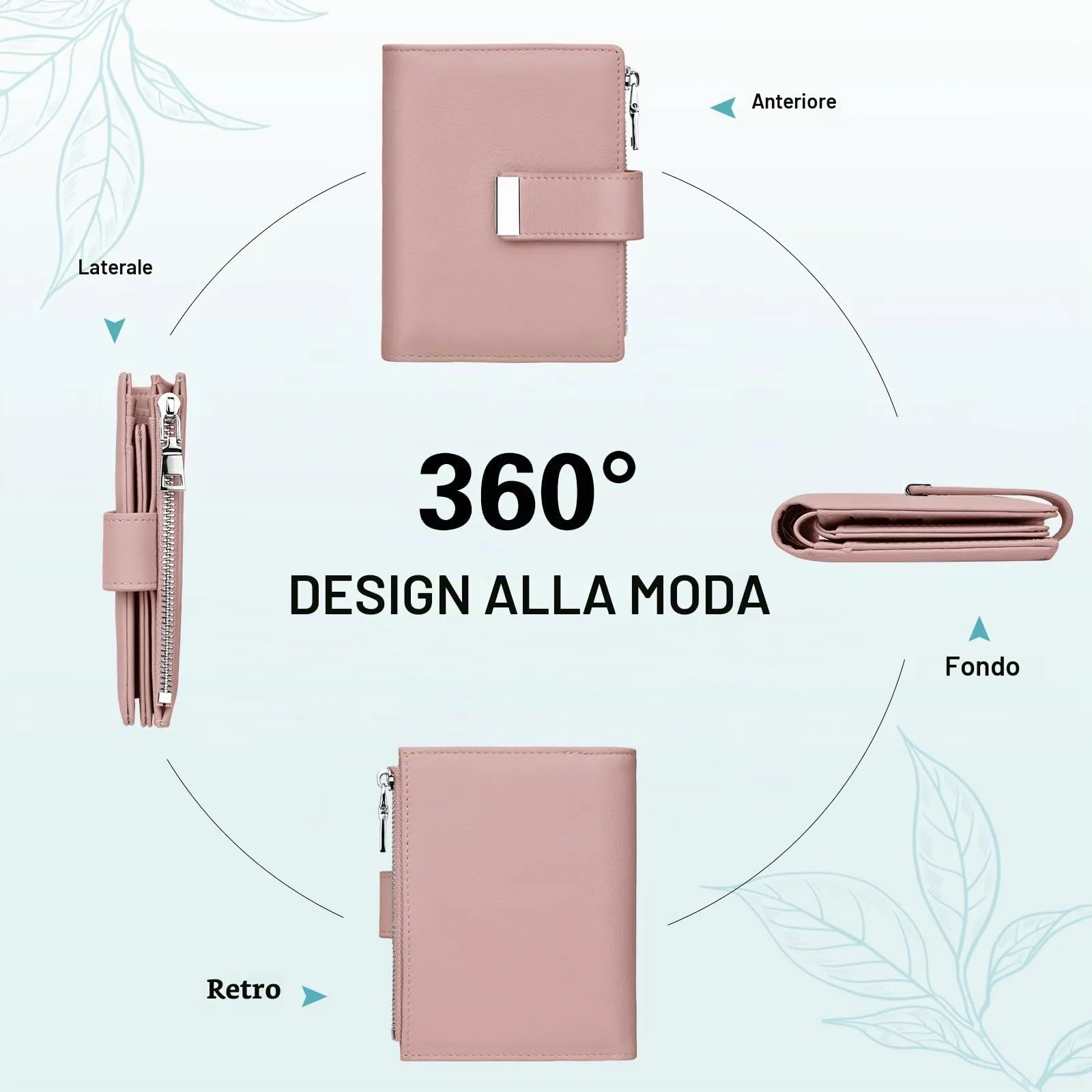 Faneam Portafoglio Donna Piccolo in Pelle Blocco RFID Portafoglio Portamonete con Cerniera e Doppio Scomparto per Contanti, 12 Scomparti per Carte (Rosa) - immagine 7