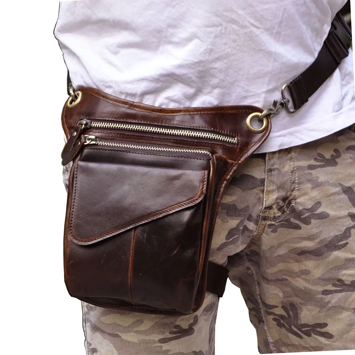 Le'aokuu Borsa Messenger in Vera Pelle da Uomo Marsupio Marsupio Hip Bum Borsa Coscia Tattica Con Gamba a Goccia 211-3 - immagine 3