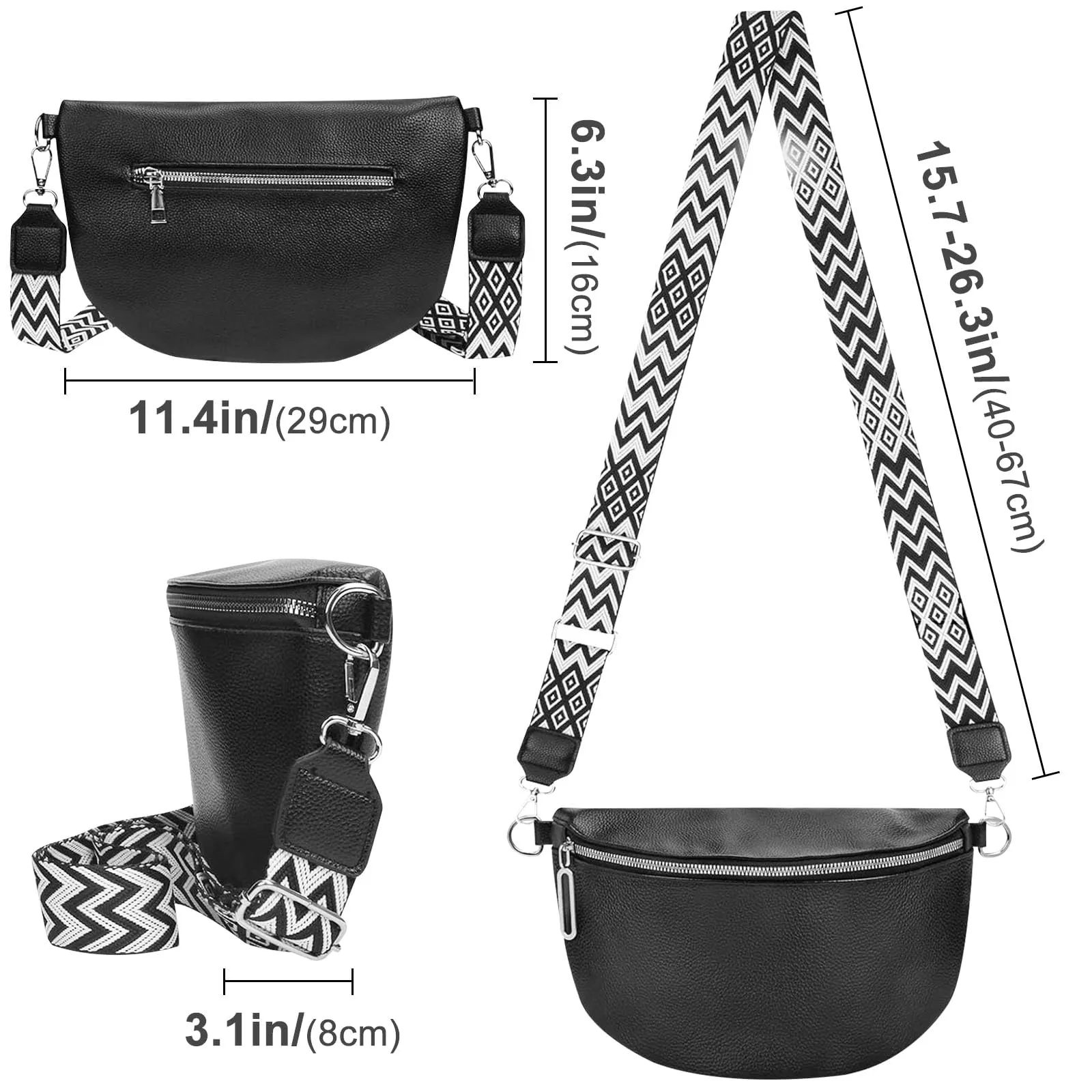 ZeYou Umhängetasche Damen Groß,Bauchtasche Damen Leder,Bauchtasche breite Gurt mit Reißverschluss,Crossbody Bag Damen Bauchtasche Damen Handtasche Damen UmhäNgetasche für Reisen Einkaufen, Nero - immagine 3
