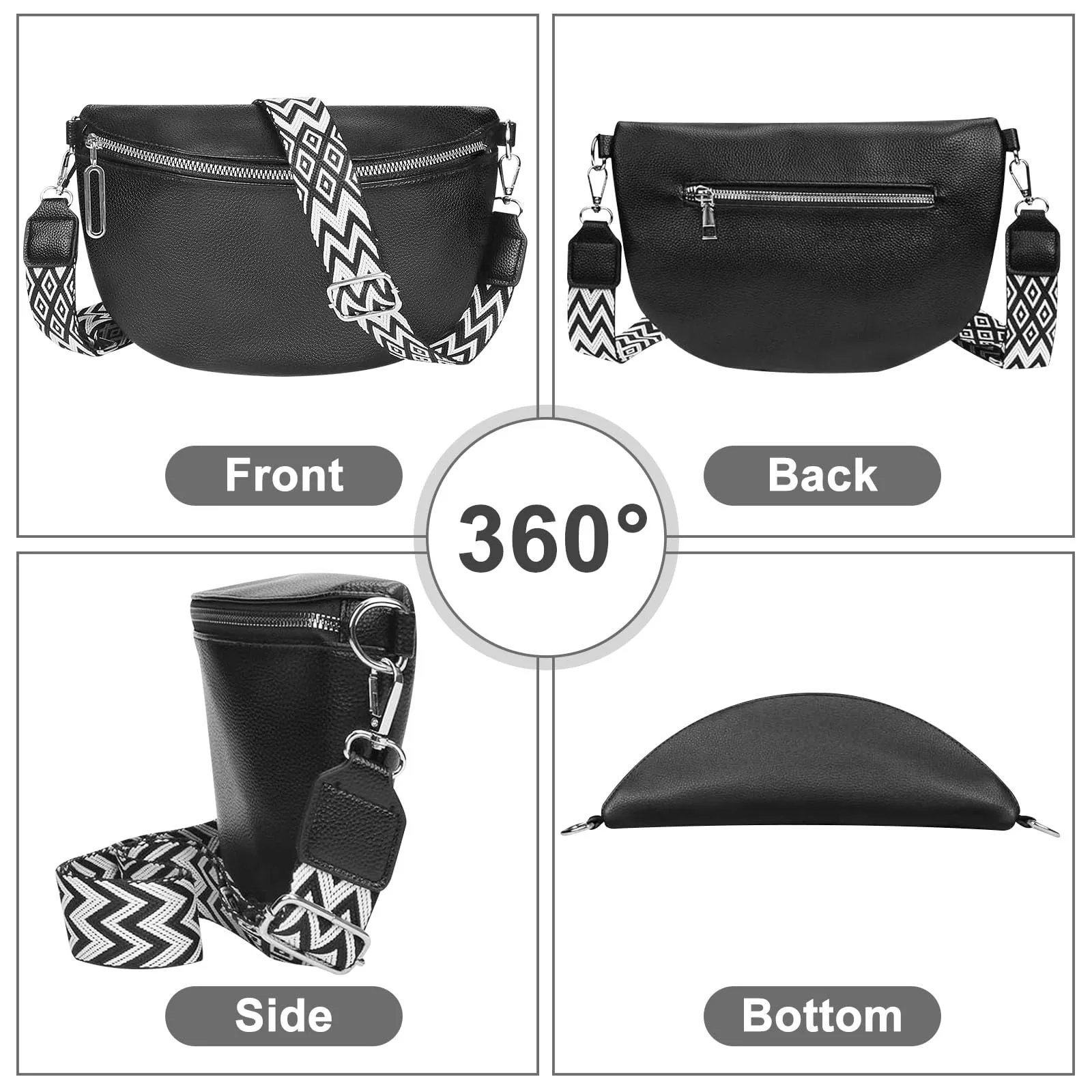 ZeYou Umhängetasche Damen Groß,Bauchtasche Damen Leder,Bauchtasche breite Gurt mit Reißverschluss,Crossbody Bag Damen Bauchtasche Damen Handtasche Damen UmhäNgetasche für Reisen Einkaufen, Nero - immagine 4