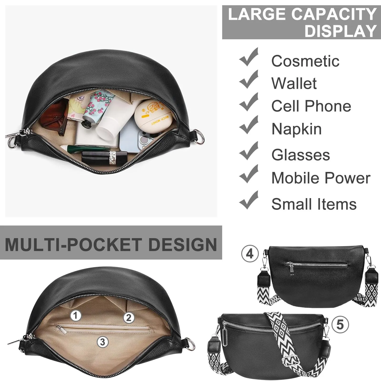 ZeYou Umhängetasche Damen Groß,Bauchtasche Damen Leder,Bauchtasche breite Gurt mit Reißverschluss,Crossbody Bag Damen Bauchtasche Damen Handtasche Damen UmhäNgetasche für Reisen Einkaufen, Nero - immagine 5