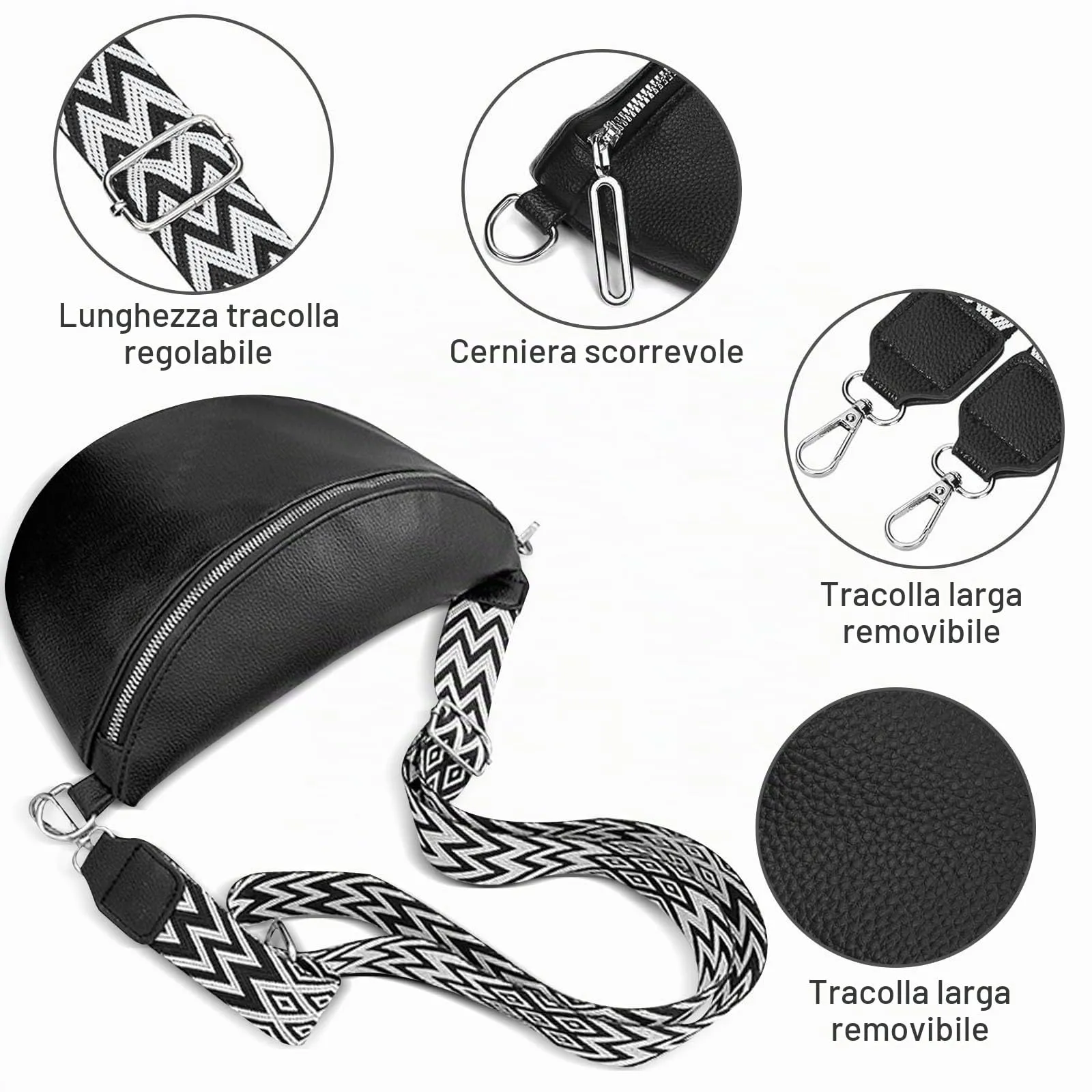 ZeYou Umhängetasche Damen Groß,Bauchtasche Damen Leder,Bauchtasche breite Gurt mit Reißverschluss,Crossbody Bag Damen Bauchtasche Damen Handtasche Damen UmhäNgetasche für Reisen Einkaufen, Nero - immagine 6