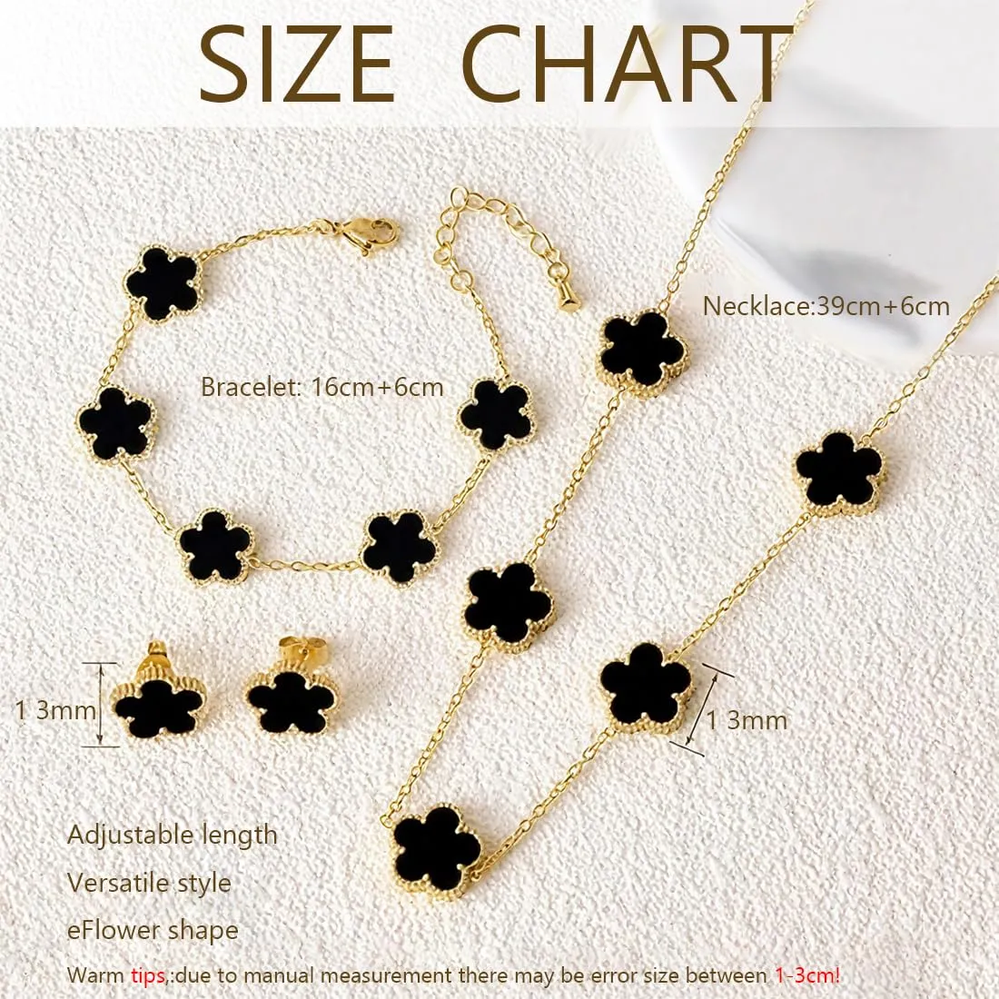 XIWCAFC Parure Gioielli Quadrifoglio da Donna 18K Placcato Oro Acciaio Inossidabile Fortunato Quadrifoglio Collana Orecchini Bracciali Set di Gioielli Sposa Regalo Dirndl Gioielli (Nero) - immagine 2