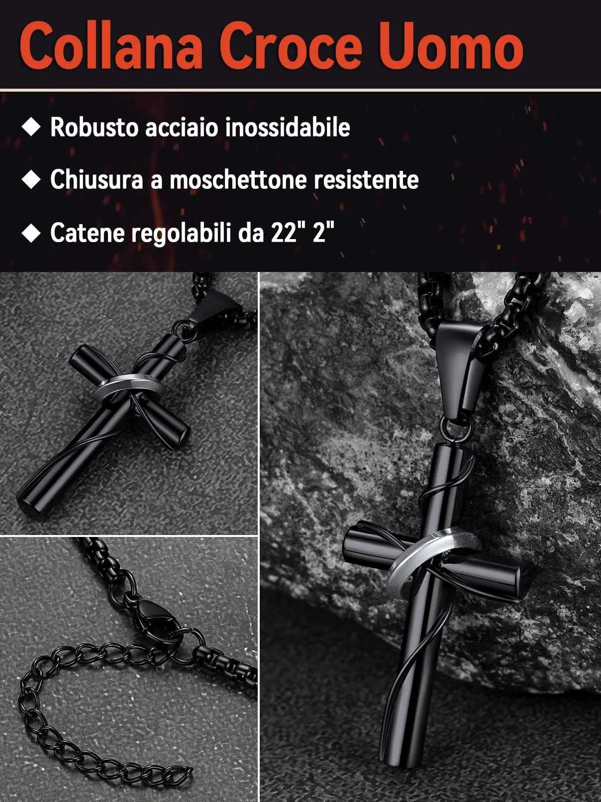 Collana Croce Uomo Croce Avvolta Nero Acciaio Inox 316L Antiallergico - immagine 3