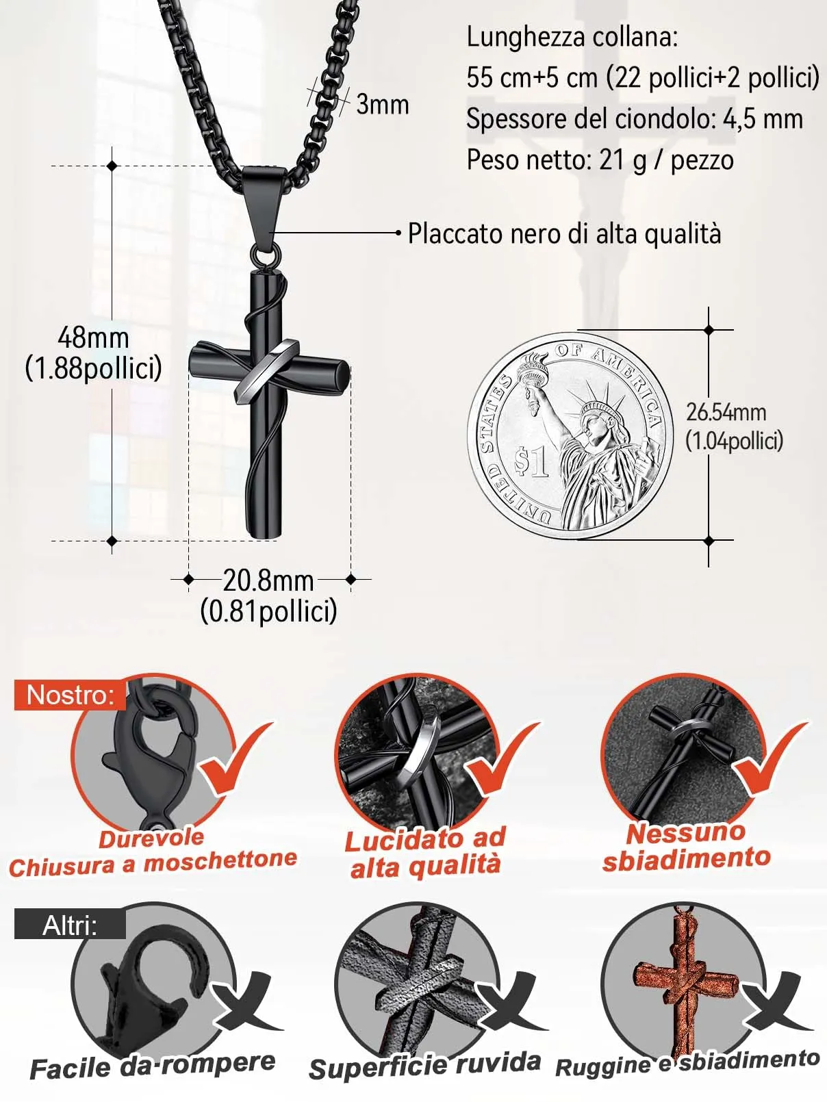 Collana Croce Uomo Croce Avvolta Nero Acciaio Inox 316L Antiallergico - immagine 5
