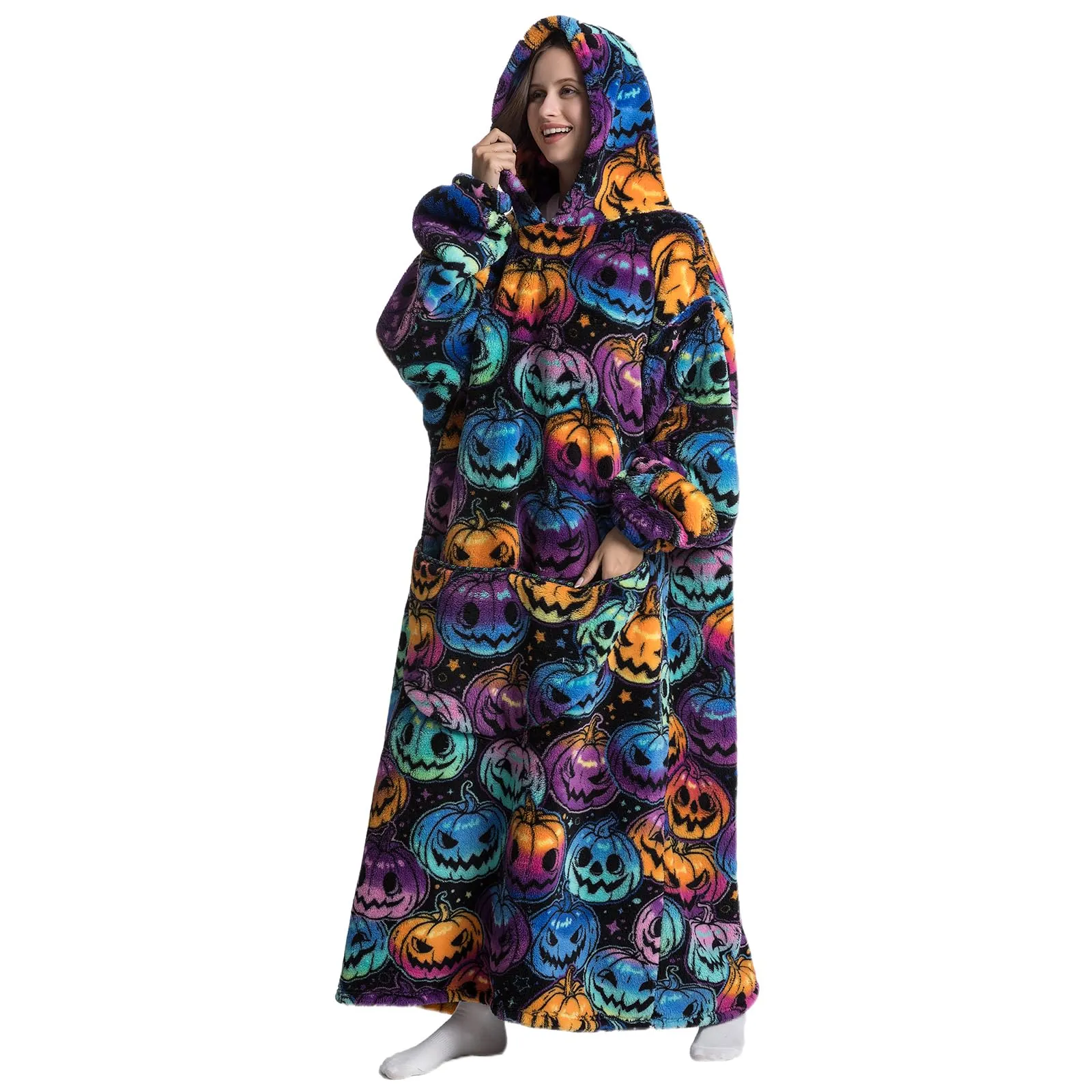 Gegeryozer Coperta con Maniche Donna Indossabile - Felpa Termica Morbida, Tasche Integrate + Cappuccio per Divano e Casa - immagine 2