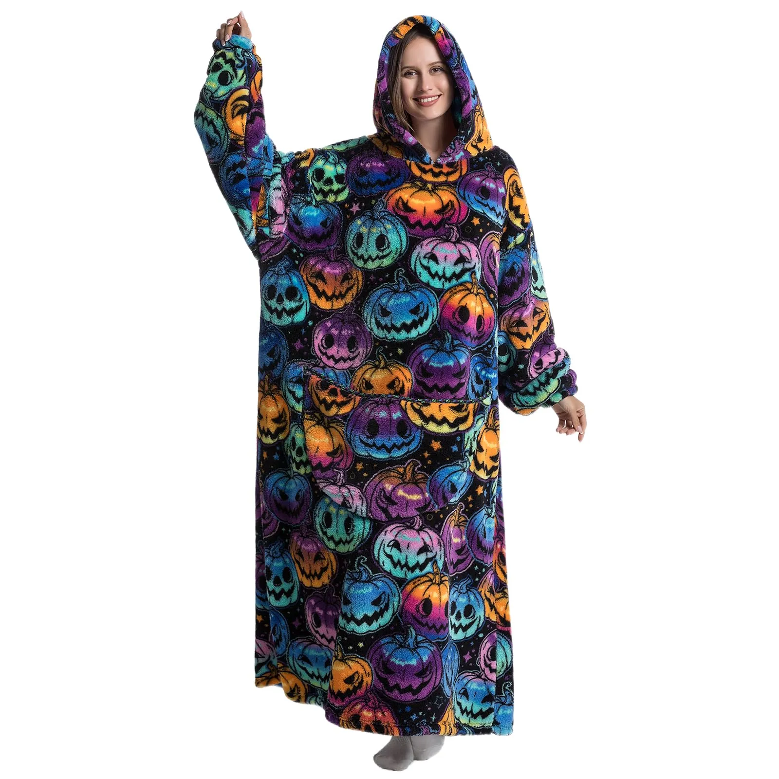 Gegeryozer Coperta con Maniche Donna Indossabile - Felpa Termica Morbida, Tasche Integrate + Cappuccio per Divano e Casa - immagine 3