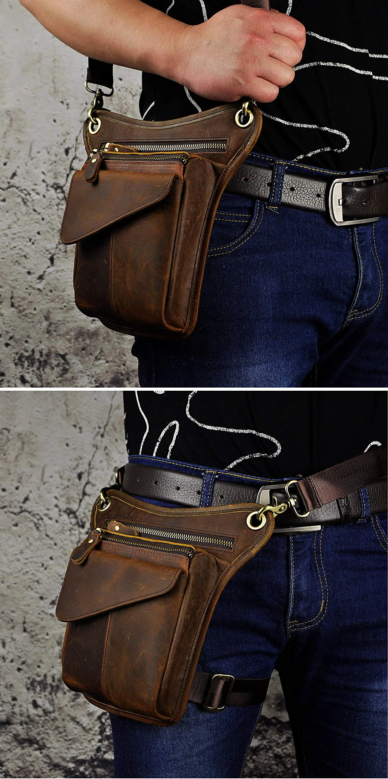 Le'aokuu Borsa Messenger in Vera Pelle da Uomo Marsupio Marsupio Hip Bum Borsa Coscia Tattica Con Gamba a Goccia 211-3 - immagine 2