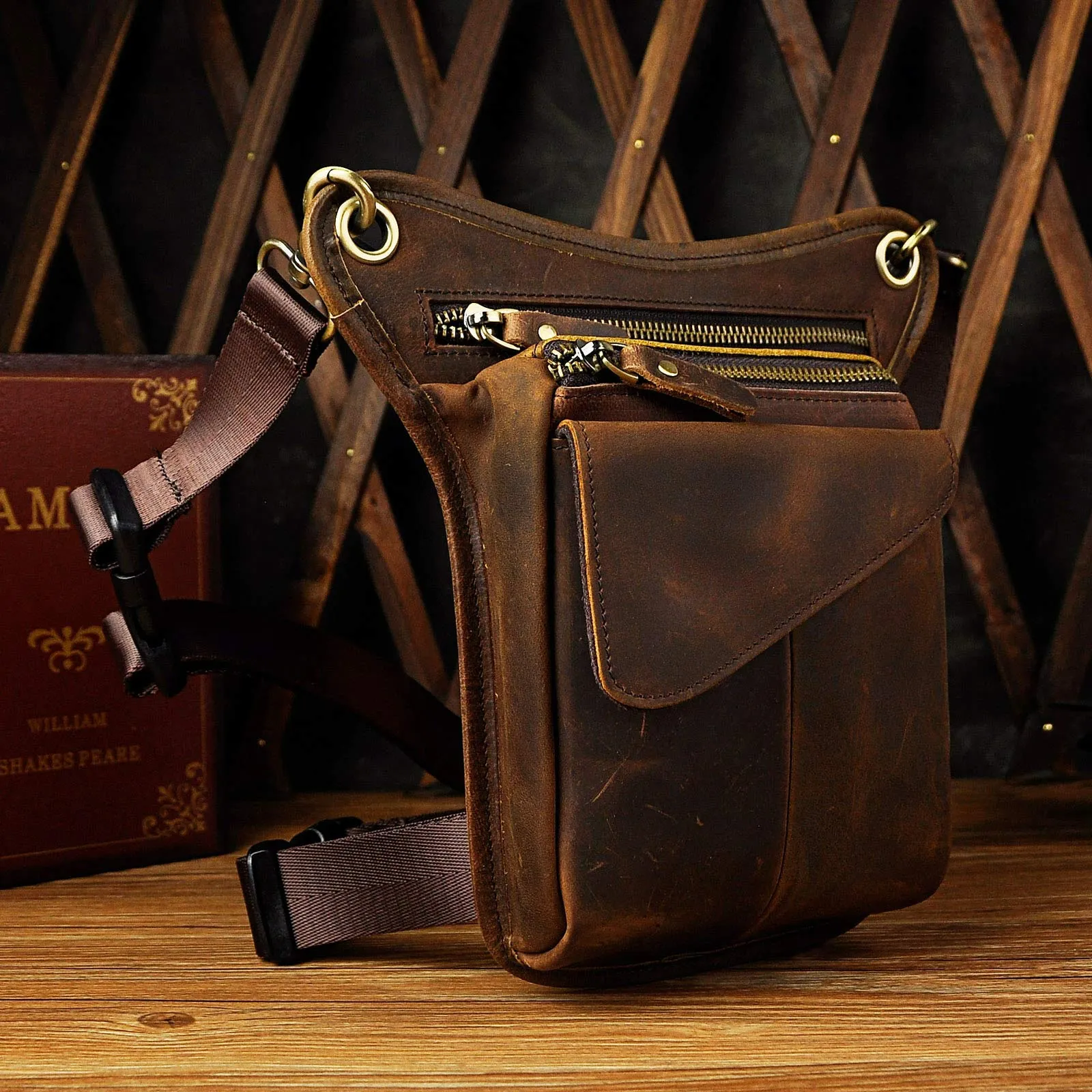 Le'aokuu Borsa Messenger in Vera Pelle da Uomo Marsupio Marsupio Hip Bum Borsa Coscia Tattica Con Gamba a Goccia 211-3 - immagine 3