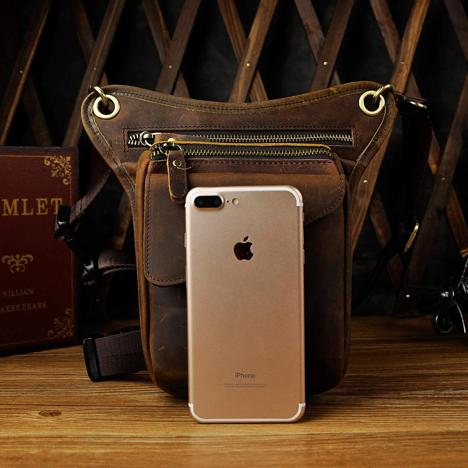 Le'aokuu Borsa Messenger in Vera Pelle da Uomo Marsupio Marsupio Hip Bum Borsa Coscia Tattica Con Gamba a Goccia 211-3 - immagine 5
