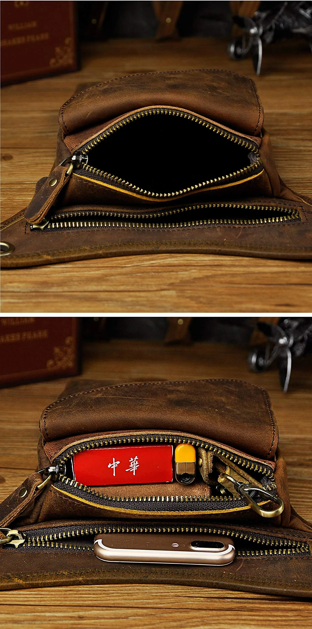 Le'aokuu Borsa Messenger in Vera Pelle da Uomo Marsupio Marsupio Hip Bum Borsa Coscia Tattica Con Gamba a Goccia 211-3 - immagine 7