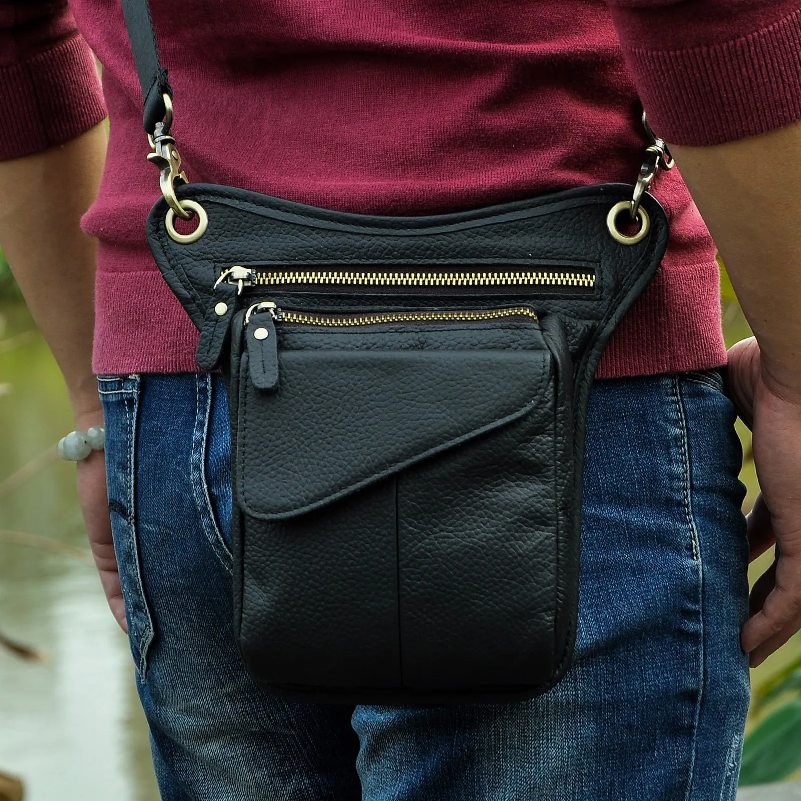 Le'aokuu Borsa Messenger in Vera Pelle da Uomo Marsupio Marsupio Hip Bum Borsa Coscia Tattica Con Gamba a Goccia 211-3 - immagine 7