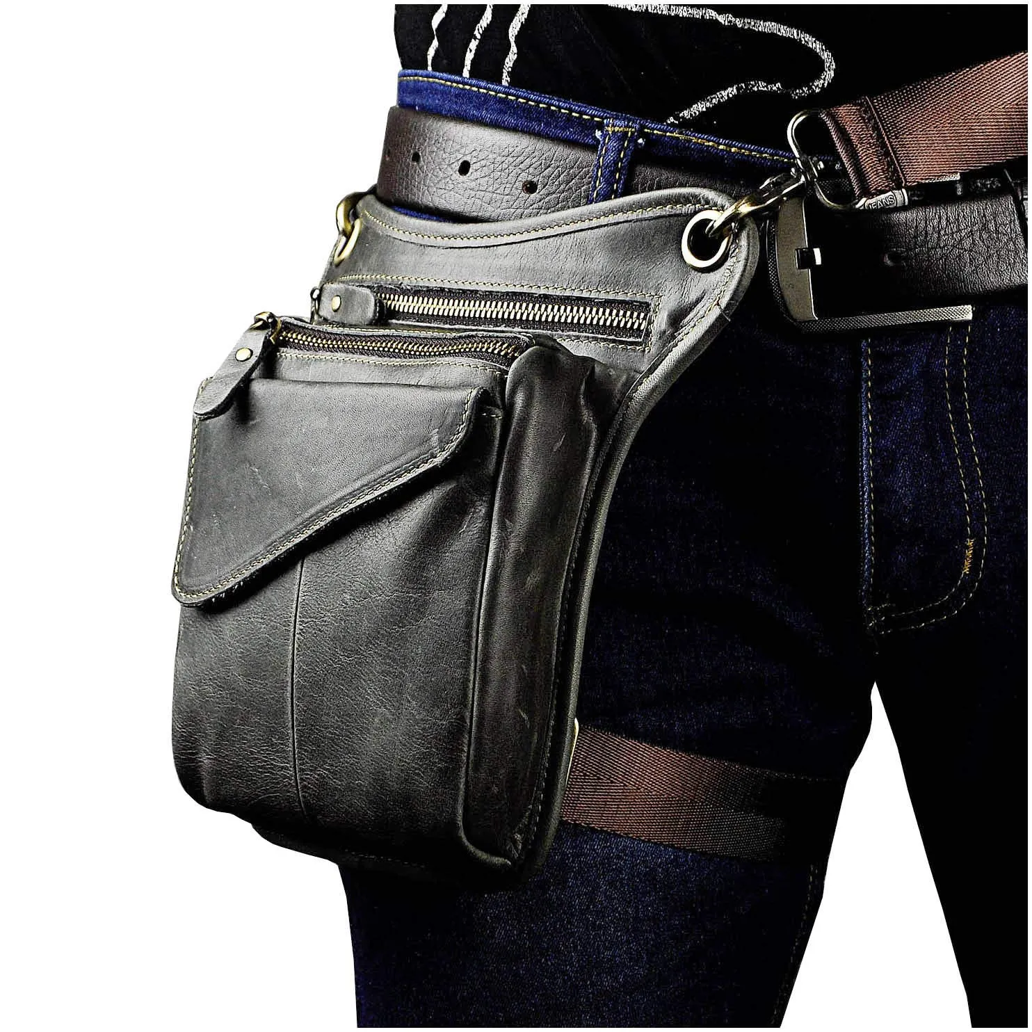 Le'aokuu Borsa Messenger in Vera Pelle da Uomo Marsupio Marsupio Hip Bum Borsa Coscia Tattica Con Gamba a Goccia 211-3 - immagine 2