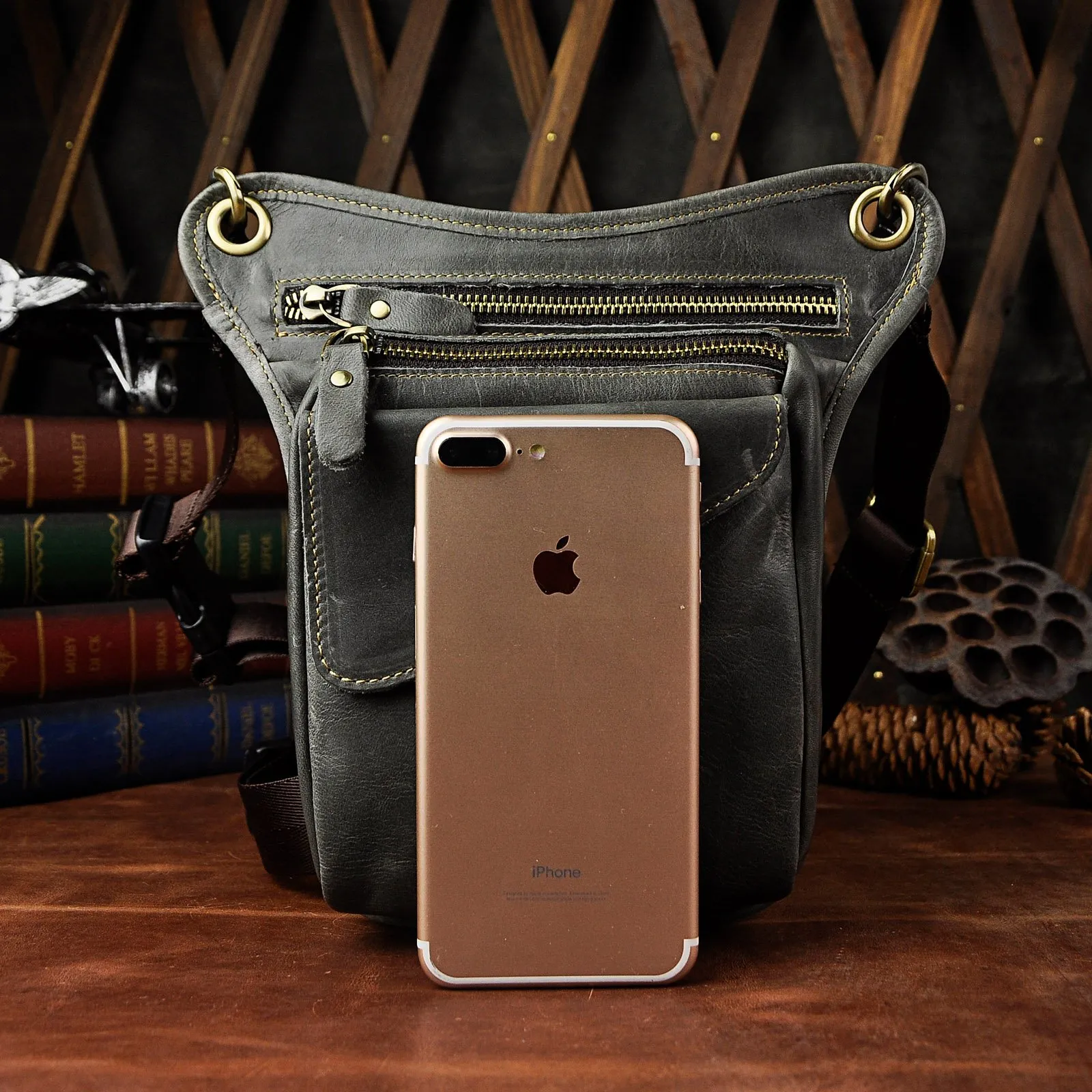 Le'aokuu Borsa Messenger in Vera Pelle da Uomo Marsupio Marsupio Hip Bum Borsa Coscia Tattica Con Gamba a Goccia 211-3 - immagine 4