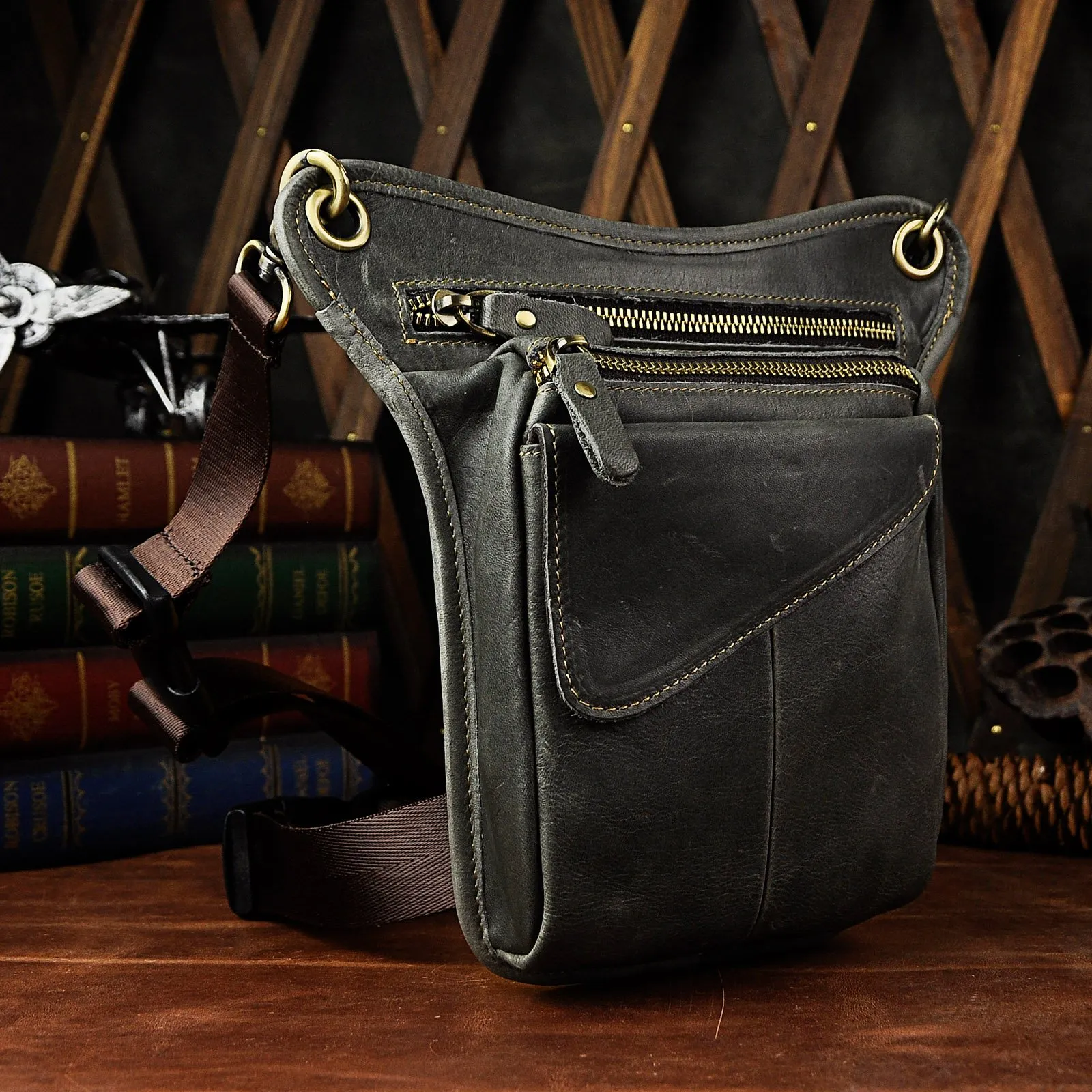 Le'aokuu Borsa Messenger in Vera Pelle da Uomo Marsupio Marsupio Hip Bum Borsa Coscia Tattica Con Gamba a Goccia 211-3 - immagine 5