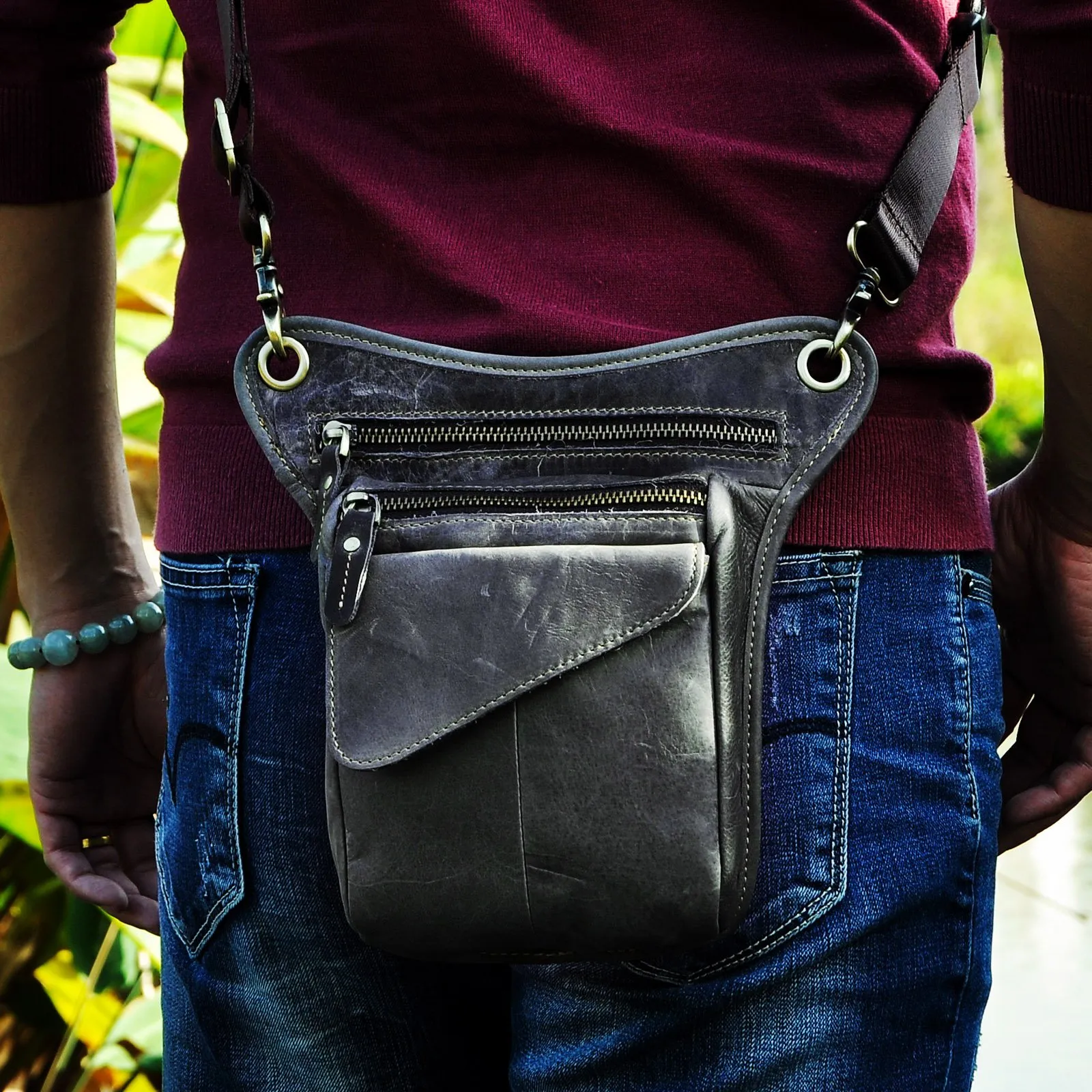 Le'aokuu Borsa Messenger in Vera Pelle da Uomo Marsupio Marsupio Hip Bum Borsa Coscia Tattica Con Gamba a Goccia 211-3 - immagine 6