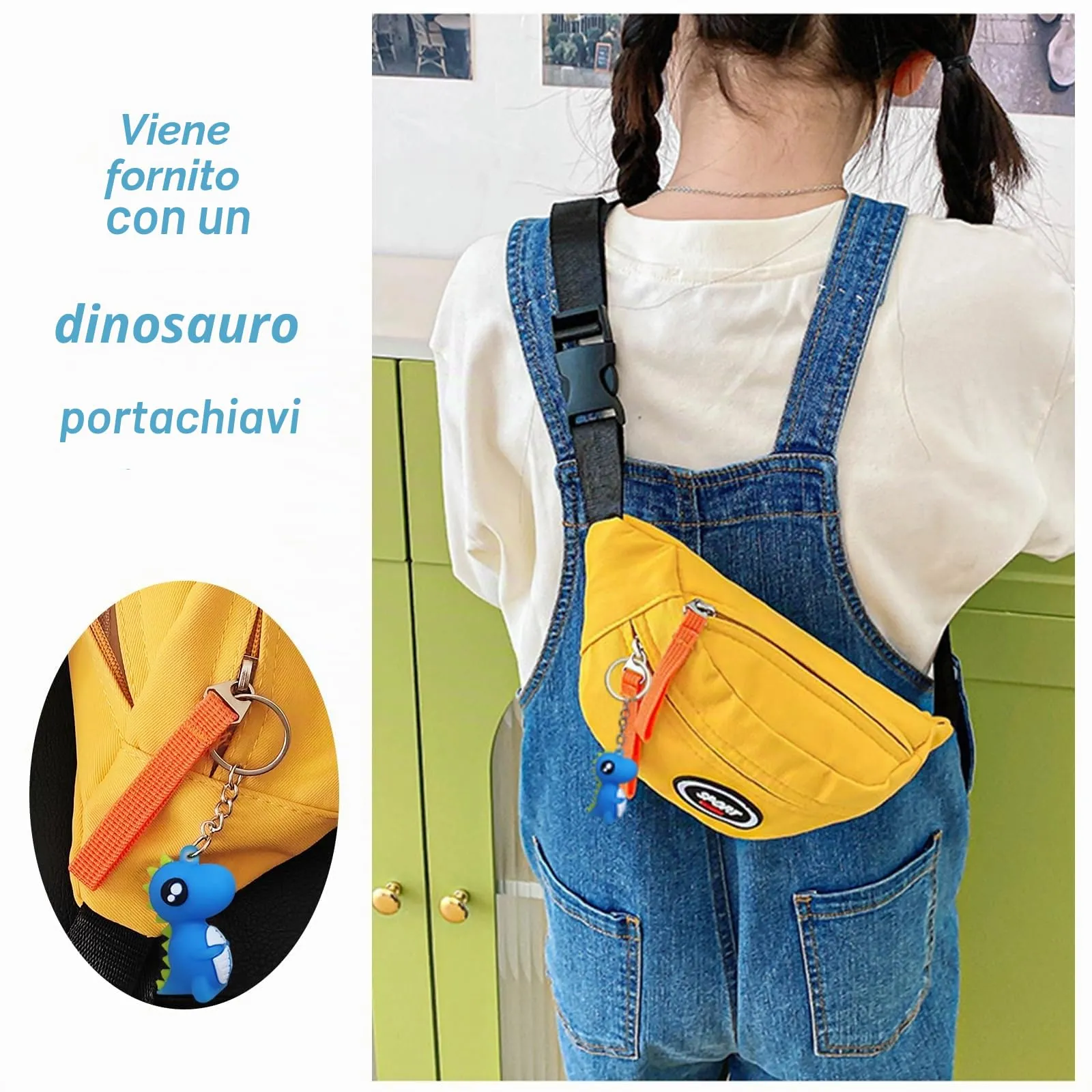 Marsupio Bambino, Borsa Bambina, Borsello Bambino, Regalo Dinosauro (Giallo) - immagine 2