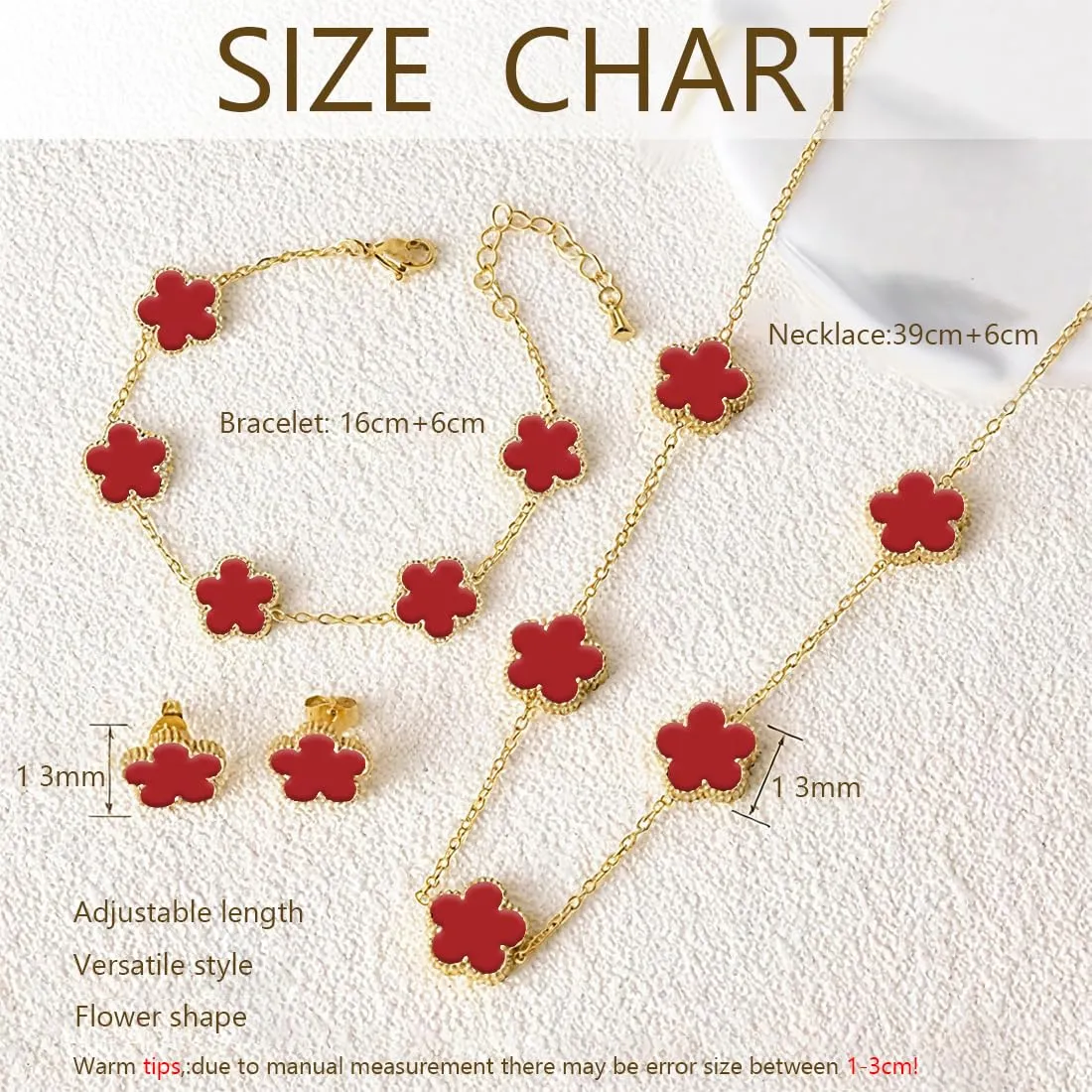 XIWCAFC Parure Gioielli Quadrifoglio da Donna 18K Placcato Oro Acciaio Inossidabile Fortunato Quadrifoglio Collana Orecchini Bracciali Set di Gioielli Sposa Regalo Dirndl Gioielli (Rosso) - immagine 4