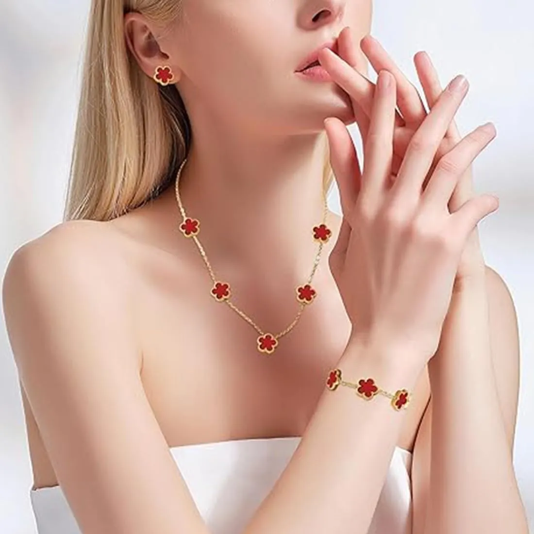 XIWCAFC Parure Gioielli Quadrifoglio da Donna 18K Placcato Oro Acciaio Inossidabile Fortunato Quadrifoglio Collana Orecchini Bracciali Set di Gioielli Sposa Regalo Dirndl Gioielli (Rosso) - immagine 6