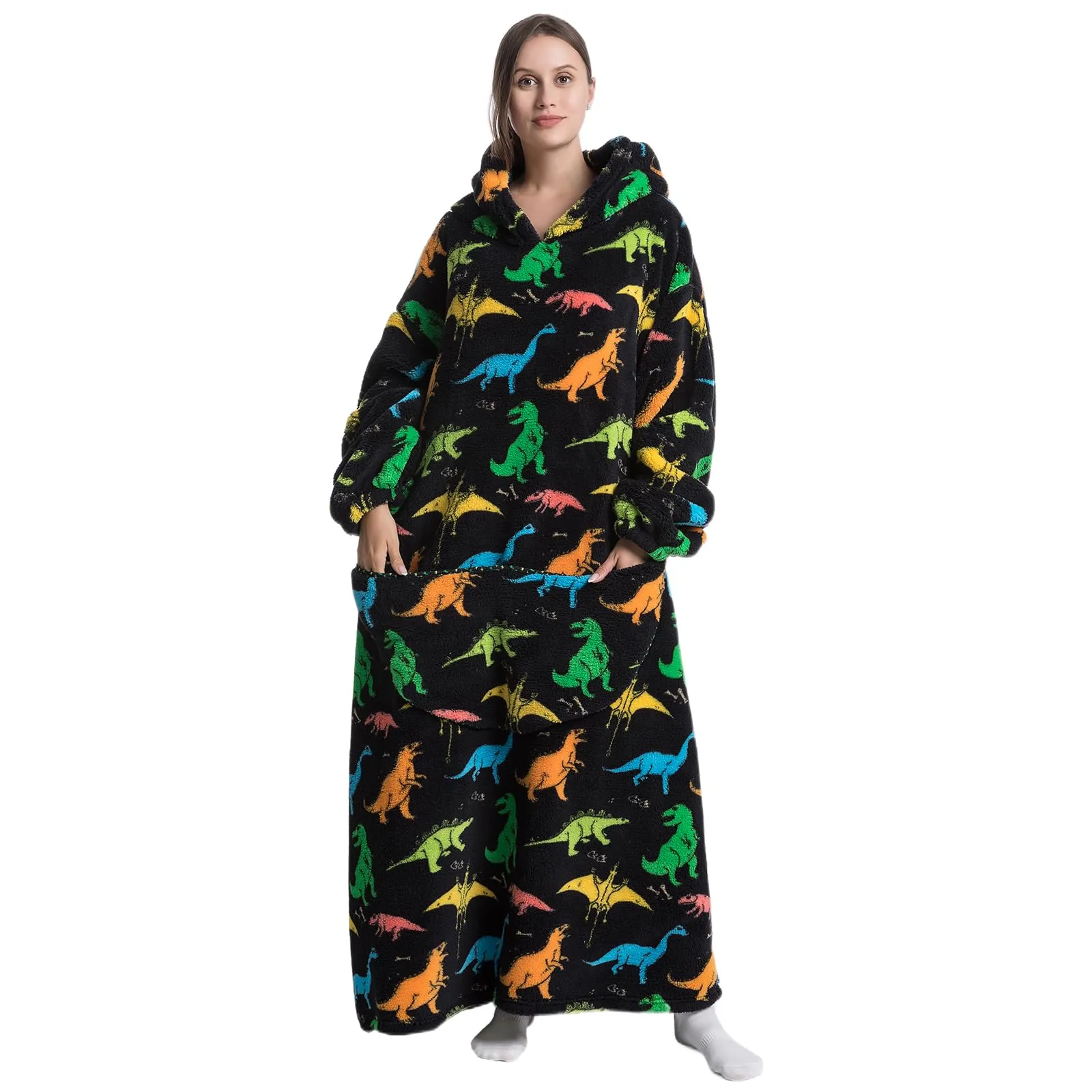 Gegeryozer Coperta con Maniche Donna Indossabile - Felpa Termica Morbida, Tasche Integrate + Cappuccio per Divano e Casa - immagine 3