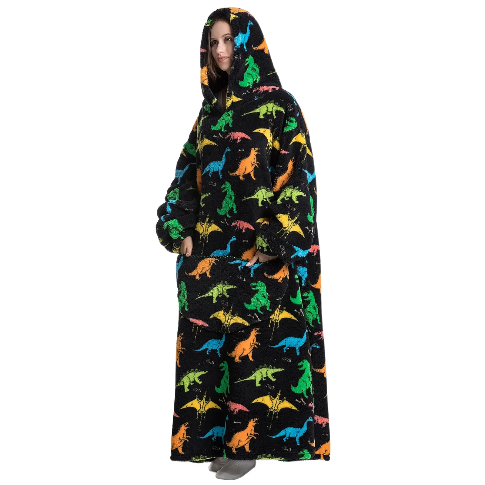 Gegeryozer Coperta con Maniche Donna Indossabile - Felpa Termica Morbida, Tasche Integrate + Cappuccio per Divano e Casa - immagine 4
