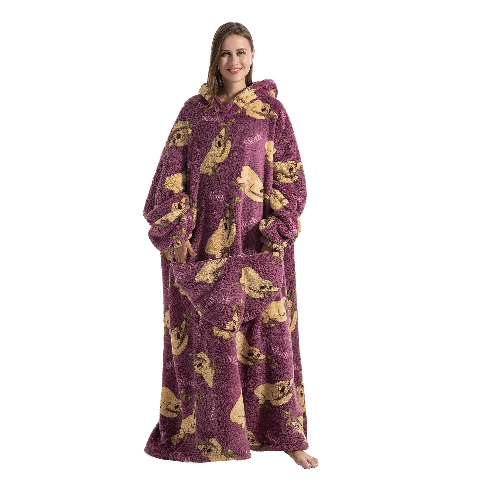 Gegeryozer Coperta con Maniche Donna Indossabile - Felpa Termica Morbida, Tasche Integrate + Cappuccio per Divano e Casa - immagine 1