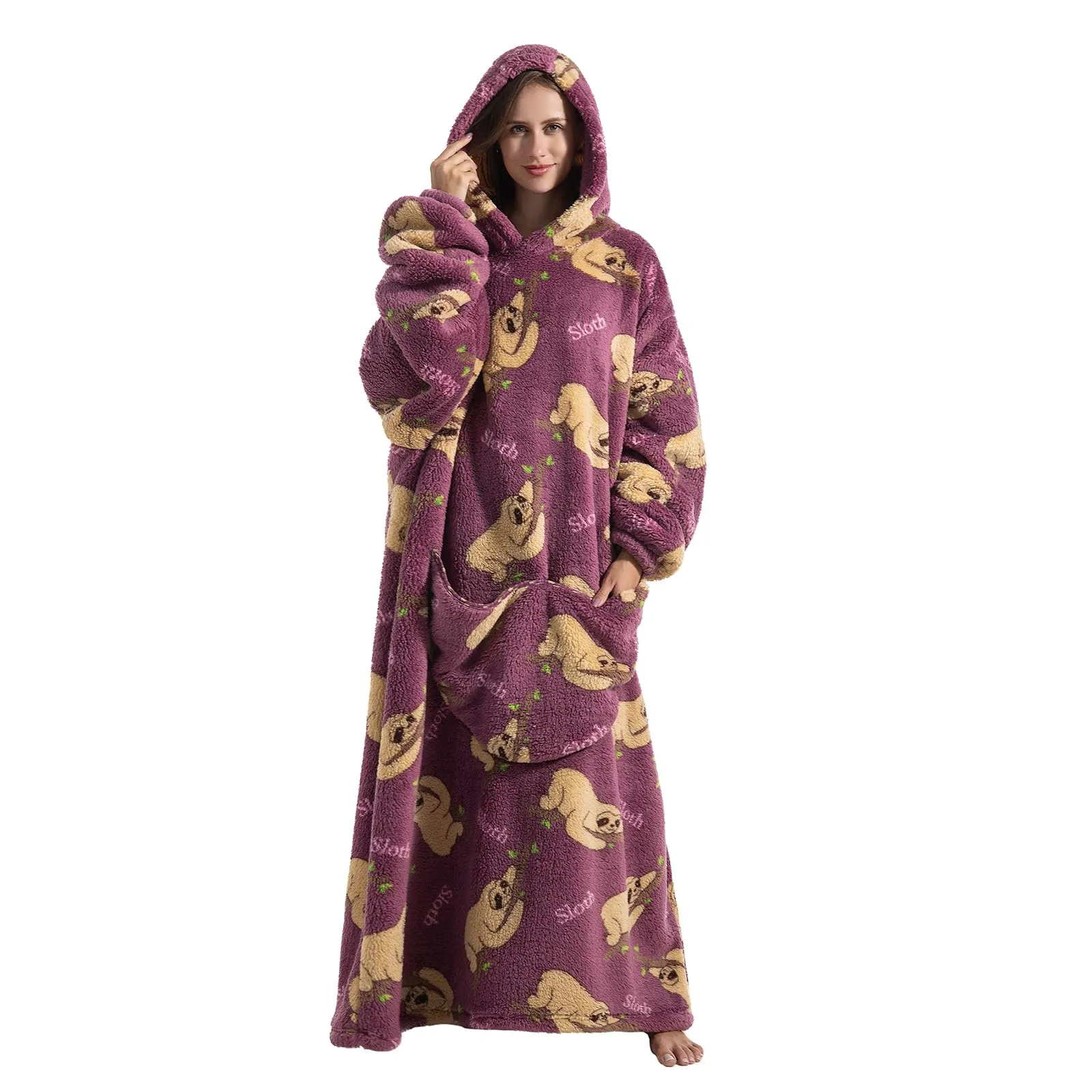 Gegeryozer Coperta con Maniche Donna Indossabile - Felpa Termica Morbida, Tasche Integrate + Cappuccio per Divano e Casa - immagine 3