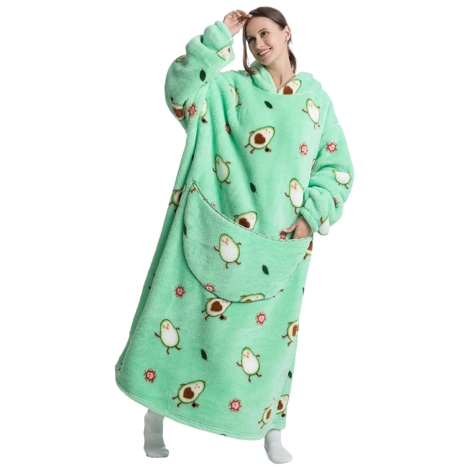 Gegeryozer Coperta con Maniche Donna Indossabile - Felpa Termica Morbida, Tasche Integrate + Cappuccio per Divano e Casa - immagine 4