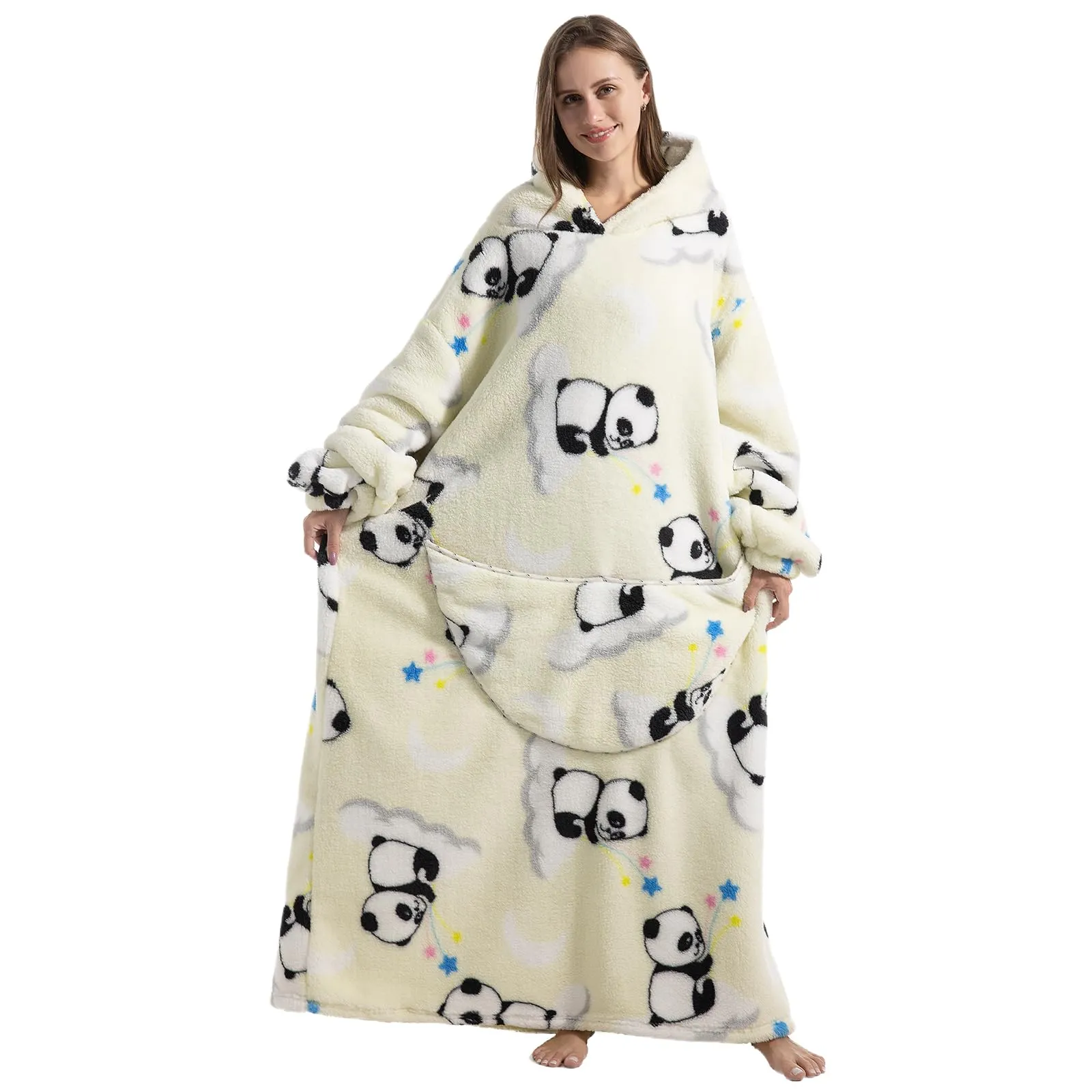 Gegeryozer Coperta con Maniche Donna Indossabile - Felpa Termica Morbida, Tasche Integrate + Cappuccio per Divano e Casa - immagine 3