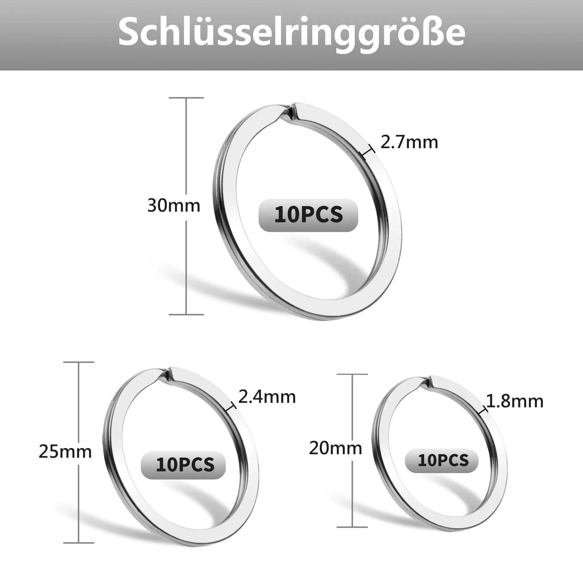 30 Pezzi Anelli Portachiavi in Acciaio Inox, Anello Portachiavi in 3 Misure (20/25/30 mm), Anelli per Portachiavi per DIY, Portachiavi e Anellini per Bigiotteria, Argento - immagine 2