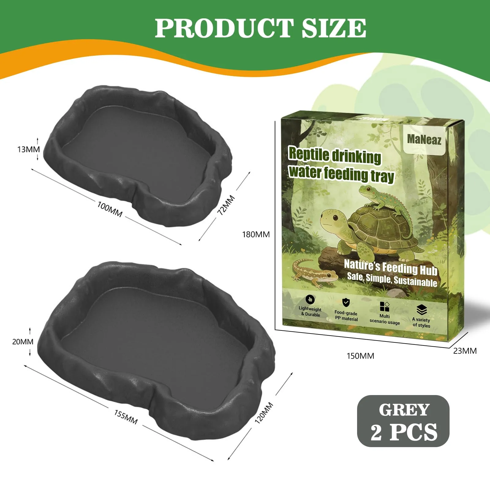 MaNeaz 2 Pezzi Ciotola Per Tartarughe Di Terra Abbeveratoio Per Tartarughe Di Terra Teca Per Rettili Bacino Idrico Del Bacino Alimentare Reptile Per Tartarughe Geco Serpente（grigio） - immagine 2