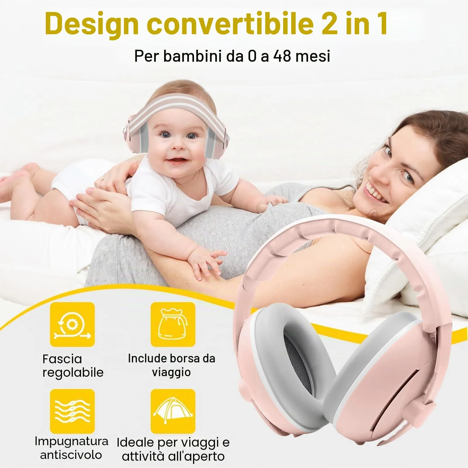 Robofun 2 in 1 Cuffie Neonato Antirumore, Protettori Acustici per Neonati -25dB, Fasce Regolabili, Protezione Acustica Ideale per Neonati fino a 48 Mesi, Confortevoli - Rosa - immagine 2