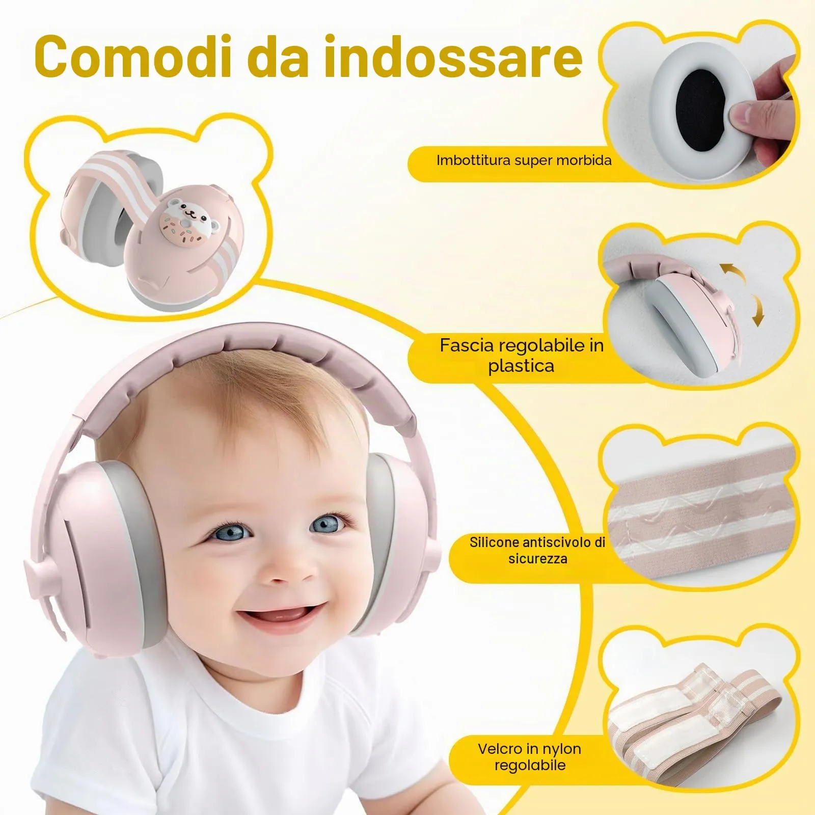 Robofun 2 in 1 Cuffie Neonato Antirumore, Protettori Acustici per Neonati -25dB, Fasce Regolabili, Protezione Acustica Ideale per Neonati fino a 48 Mesi, Confortevoli - Rosa - immagine 5