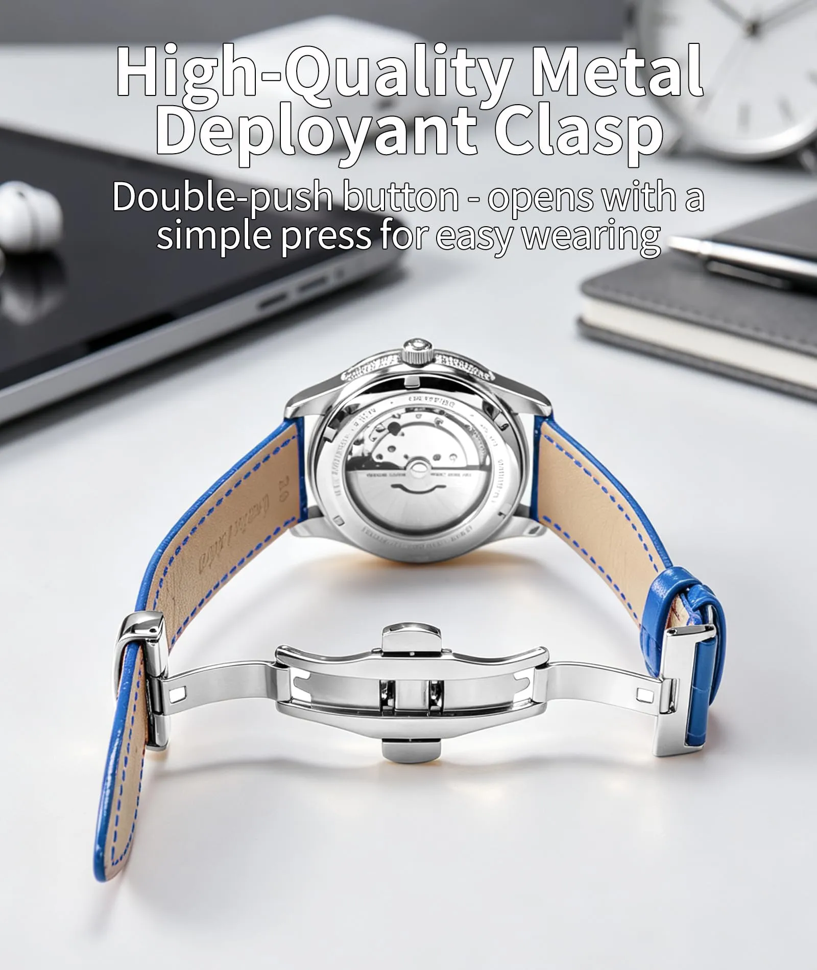 BINLUN Cinturino per Orologio in Pelle Ricambio Cinturini per Unisex con Fibbia Azionamento Farfalla Argento/Oro/Oro Rosa 12mm-24mm 10 Colori(Blu-Fibbia D'argento, 21mm) - immagine 3